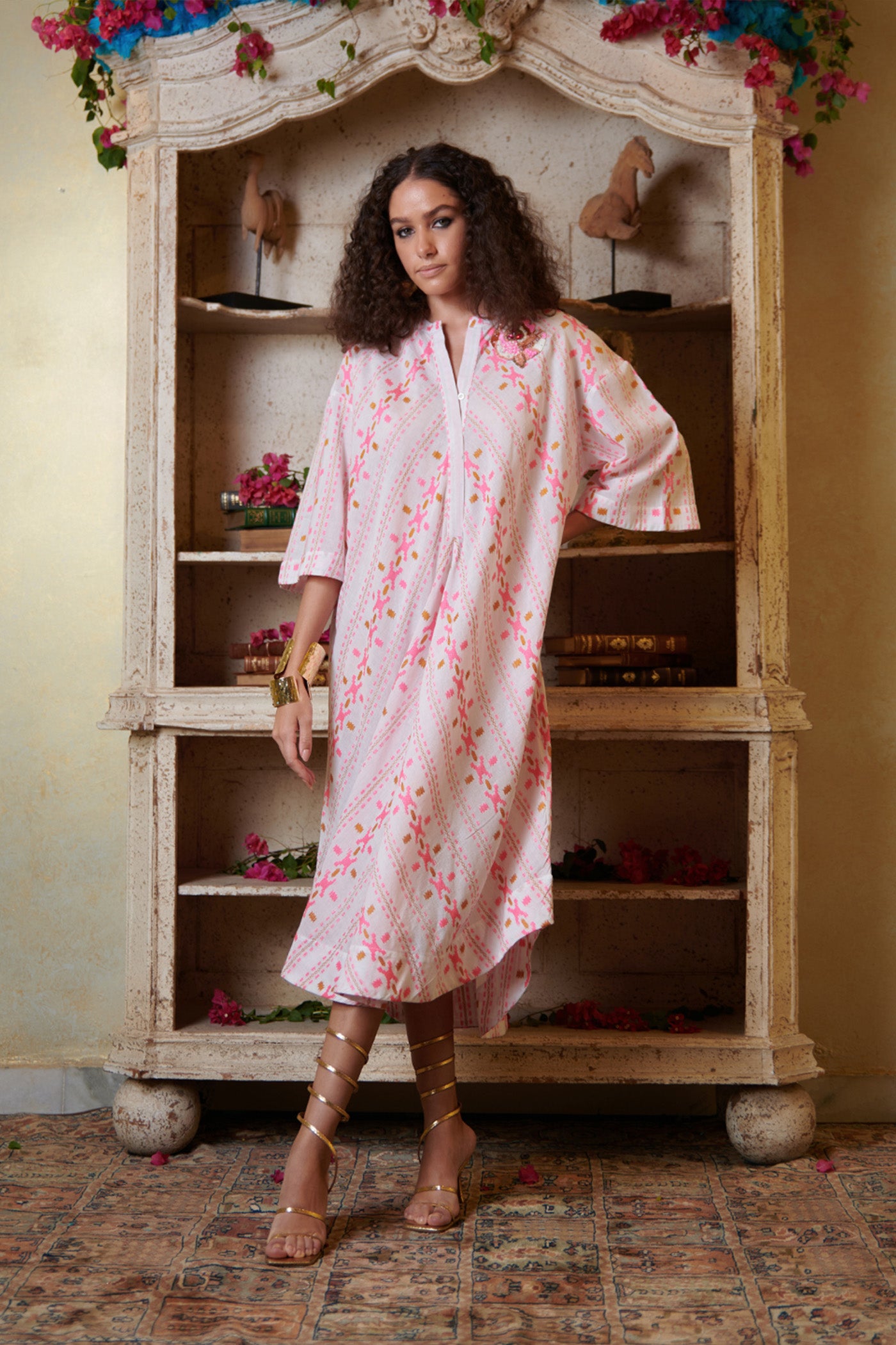 Printed Pink And White Assymetrical Shirt Midi Dress