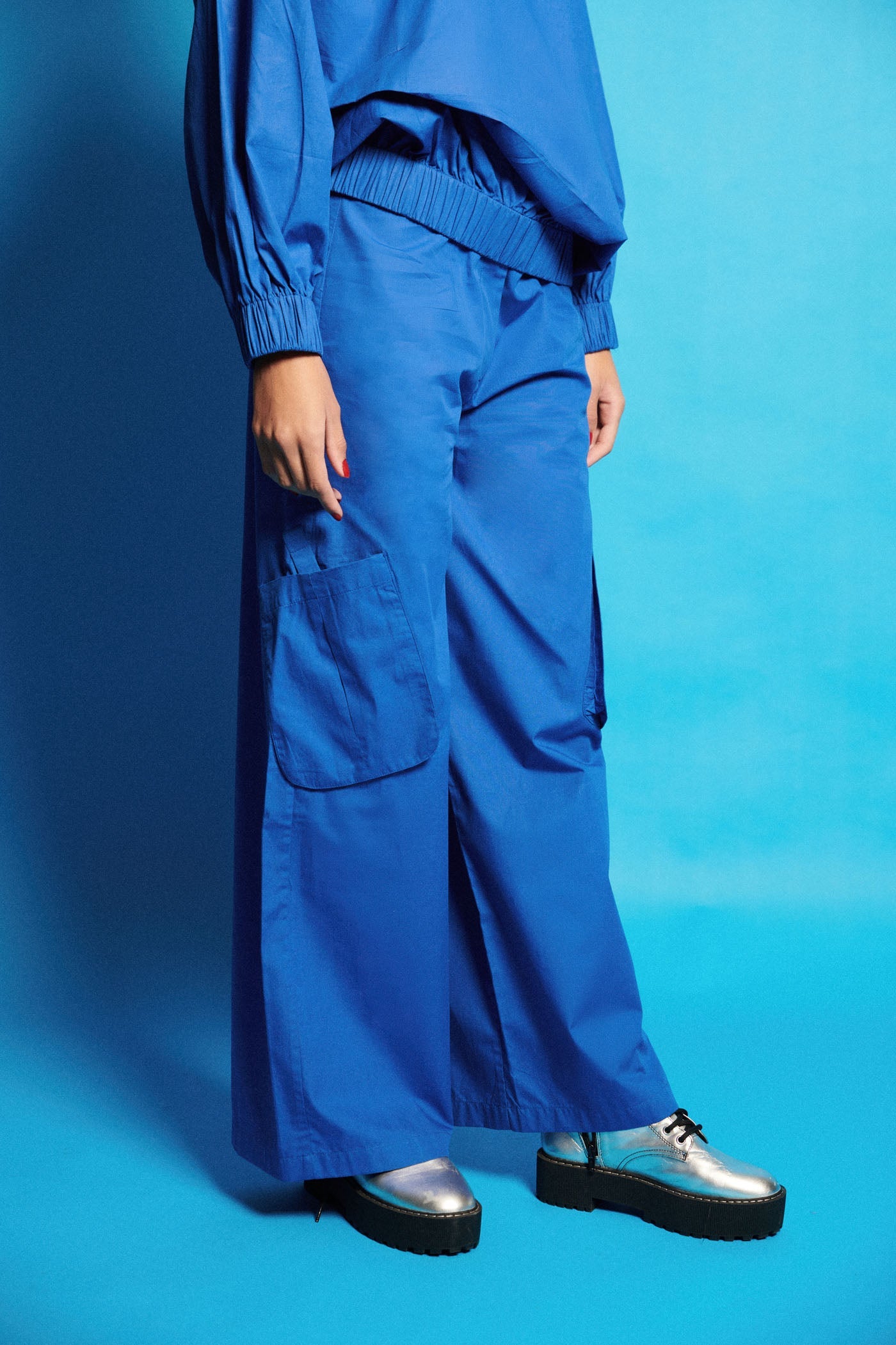 Blue Embroidered Poplin Top Joggers Set