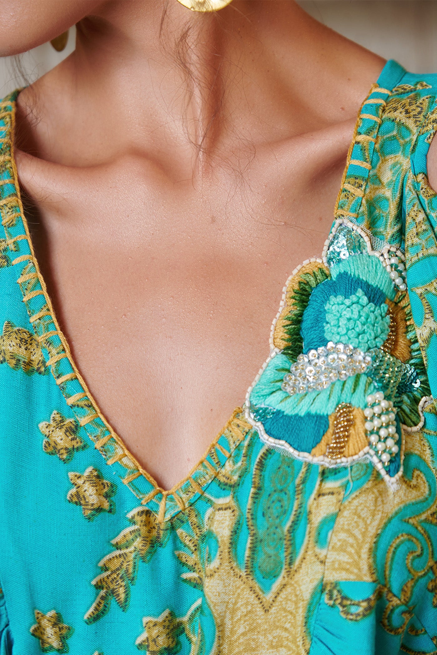 Teal Green Printed Cold Shoulder Mini Kaftan