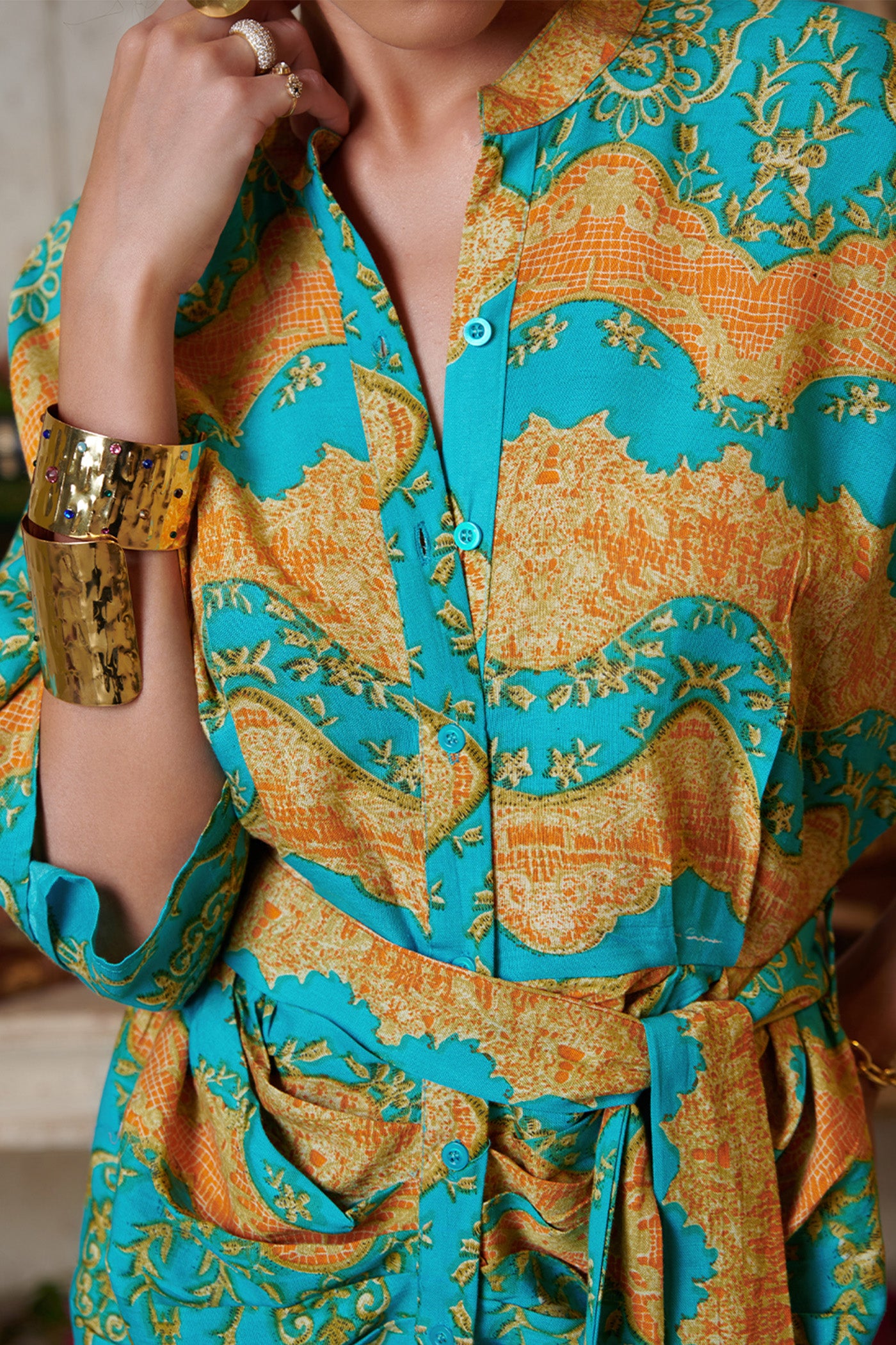 Teal Green Printed Pleated Shirt Midi Dress