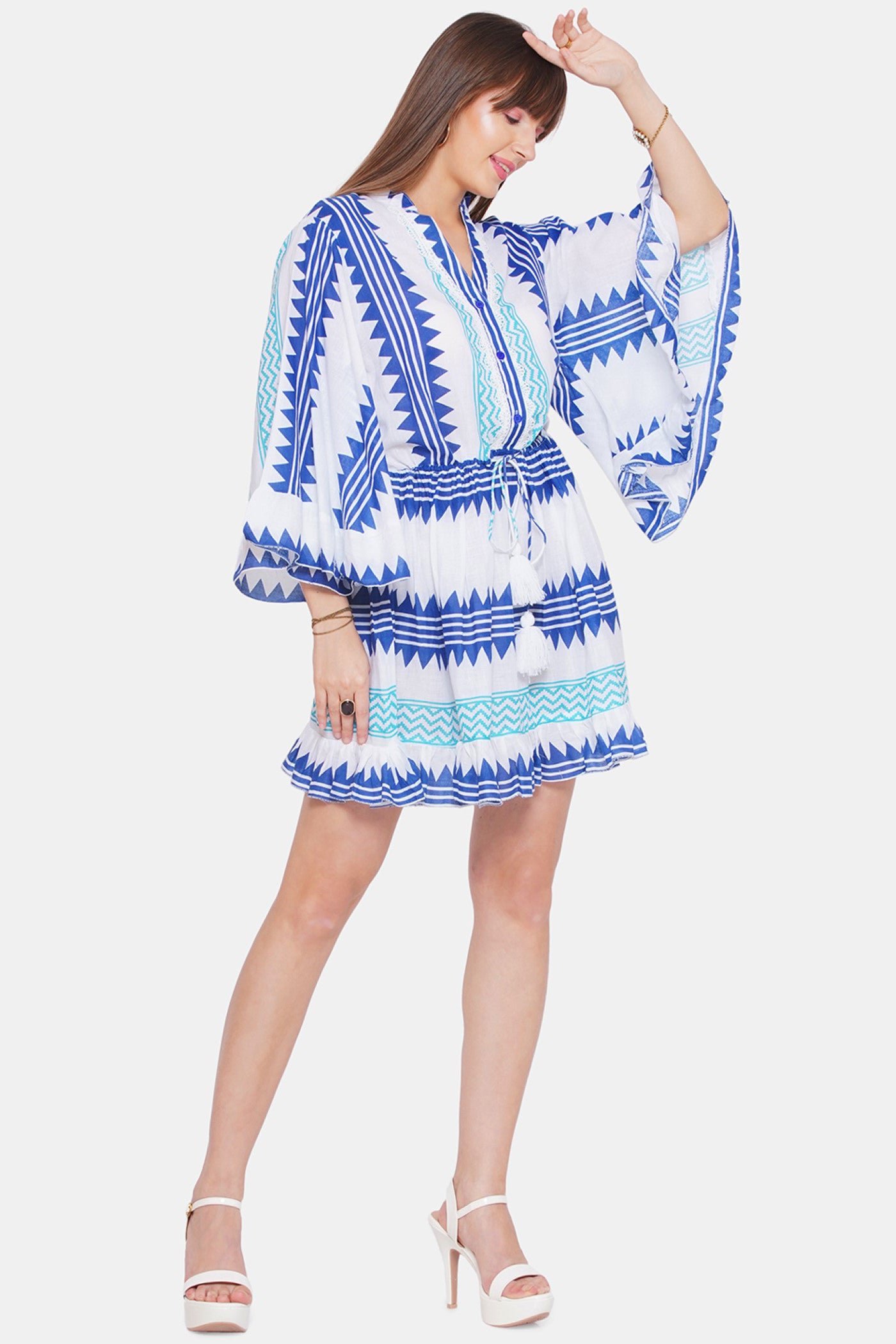 Geometrical Print Short Dress With Bell Sleeves