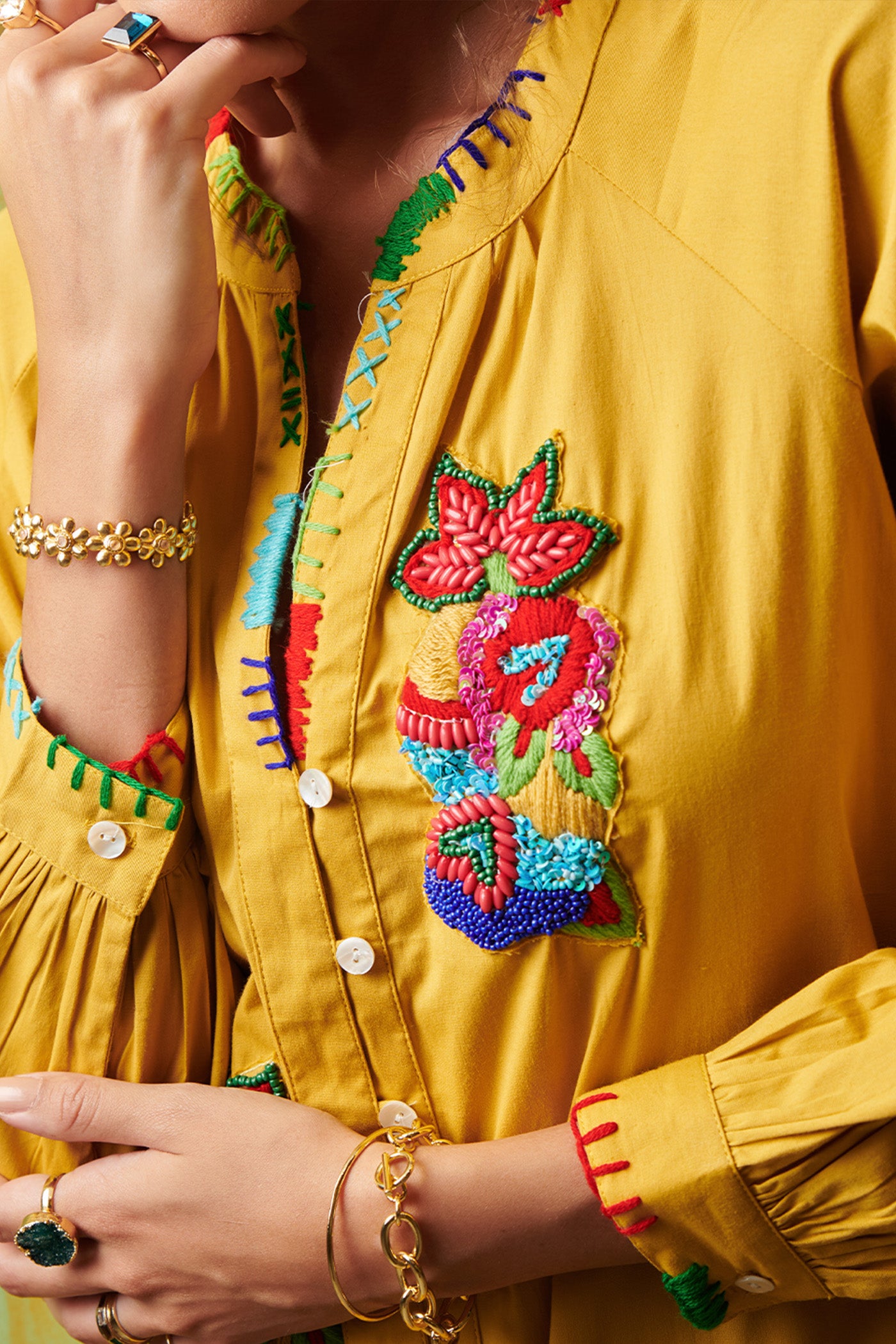 Poplin Mustard Embroidered Shirt Dress