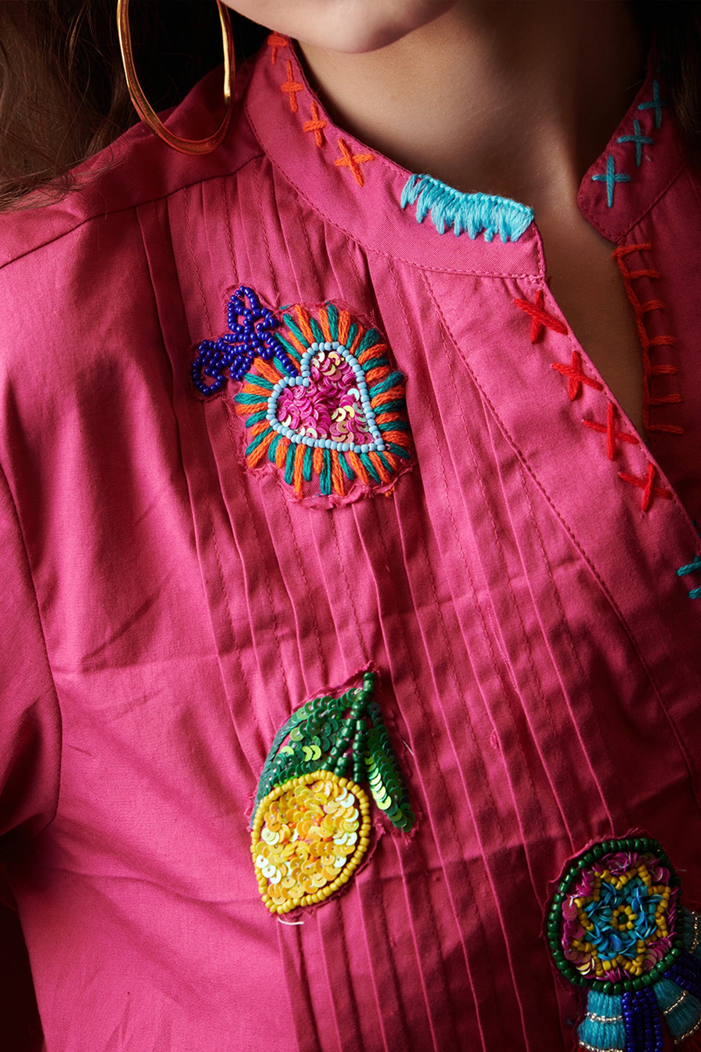 Fuschia Pink Embroidered Shirt Mini Dress