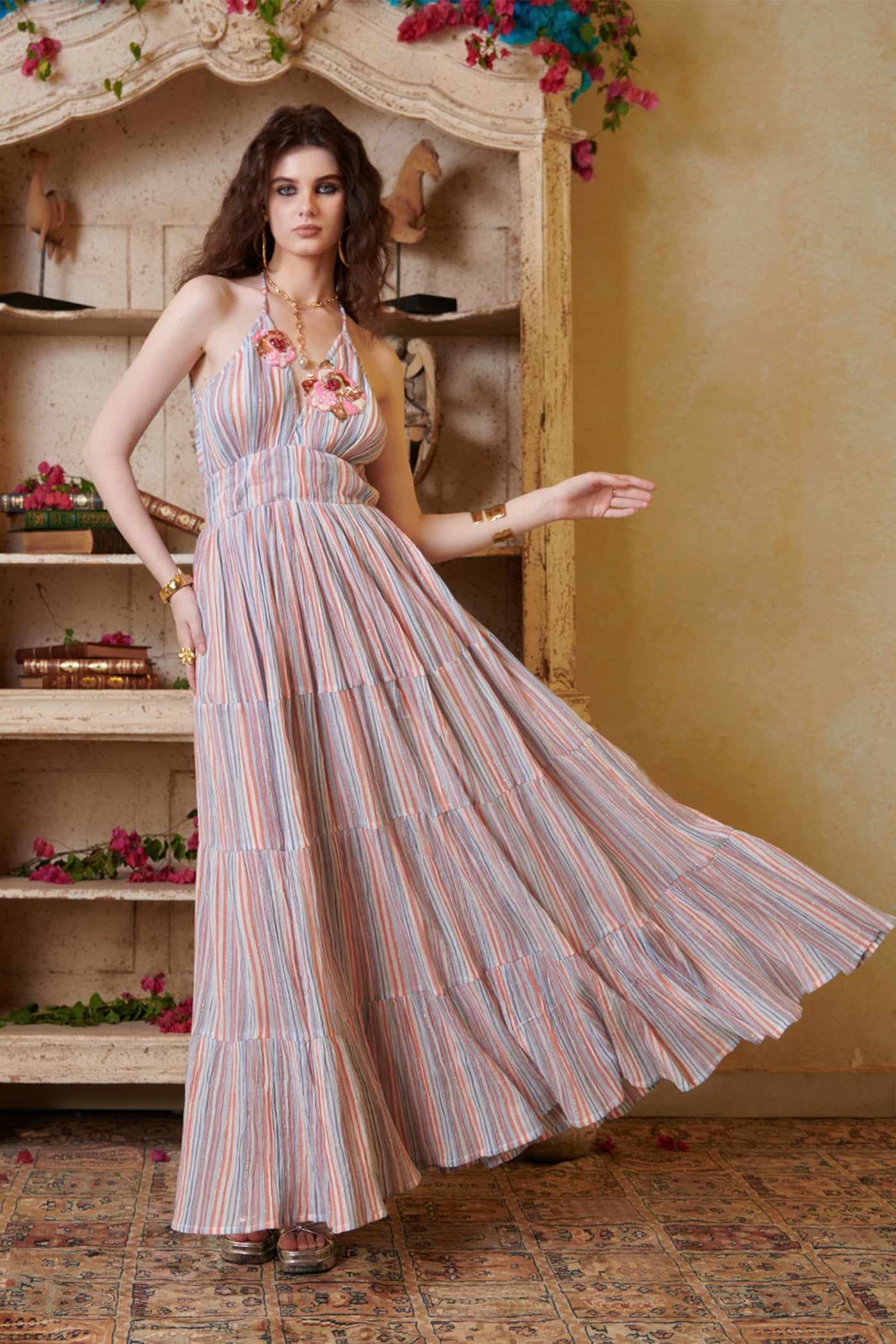 Multicolor Stripe Embroidered Halter Neck Maxi Dress