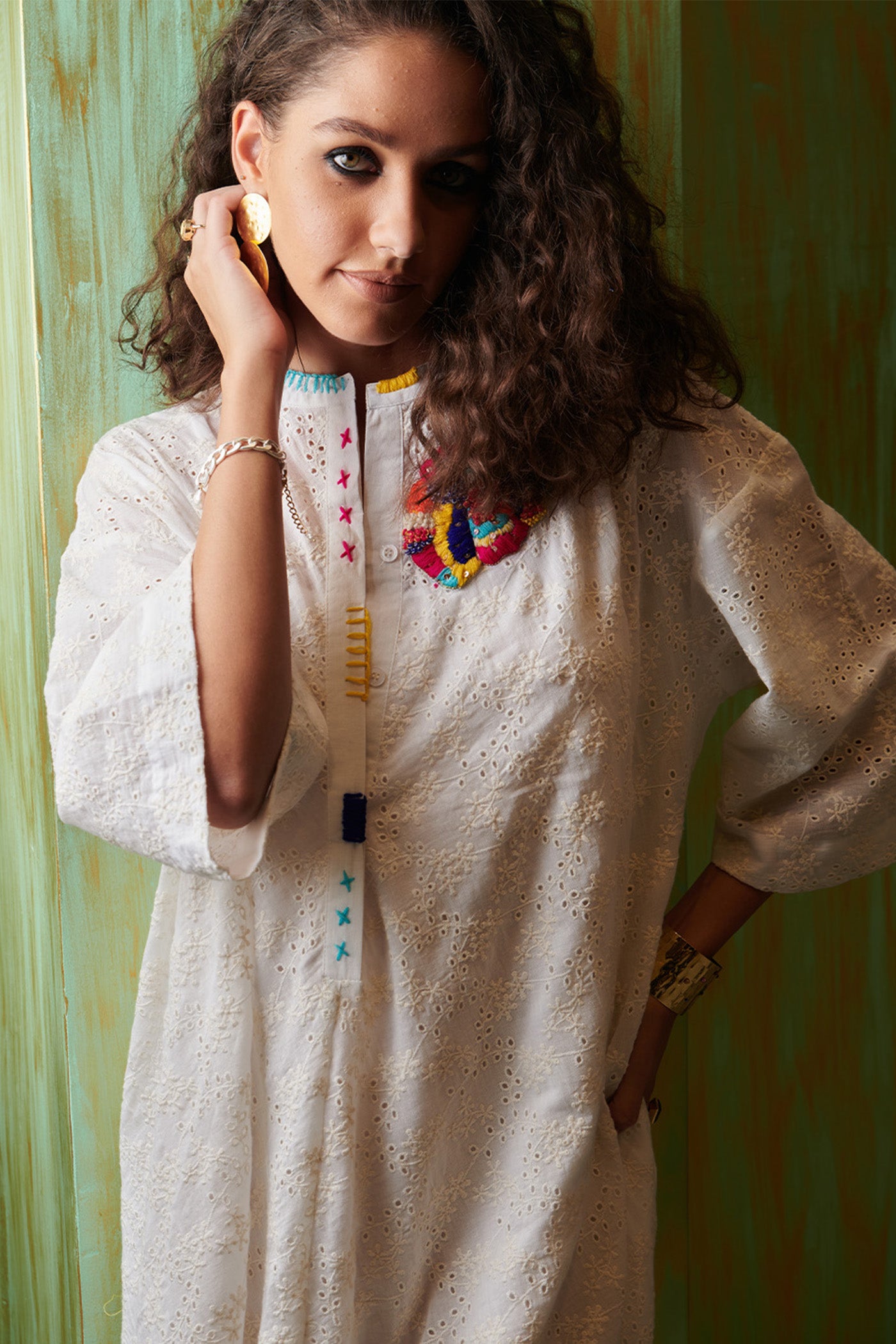 White High Low Embroidered Shirt Dress