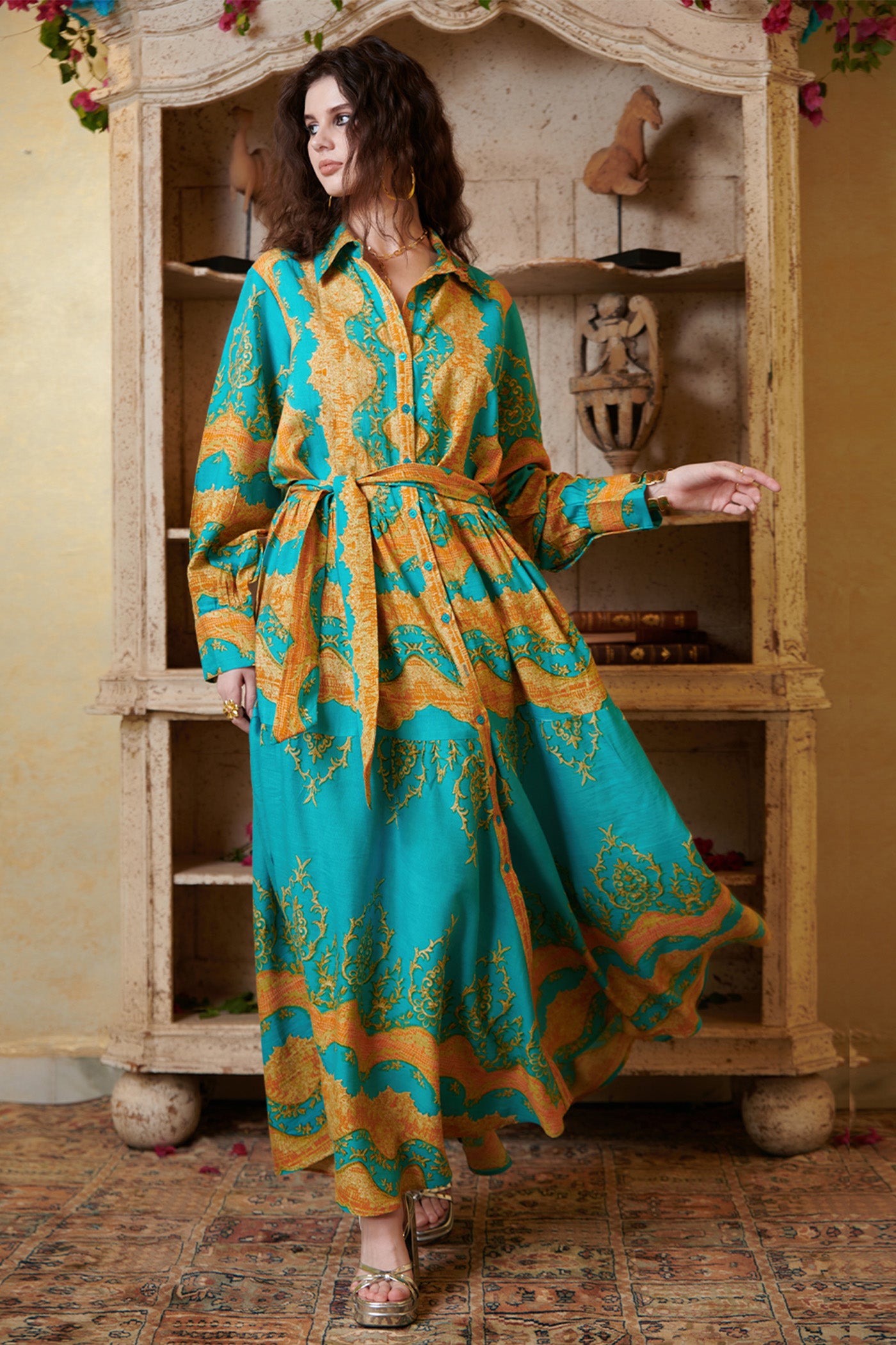 Teal Green Printed Flare Maxi Shirt Dress