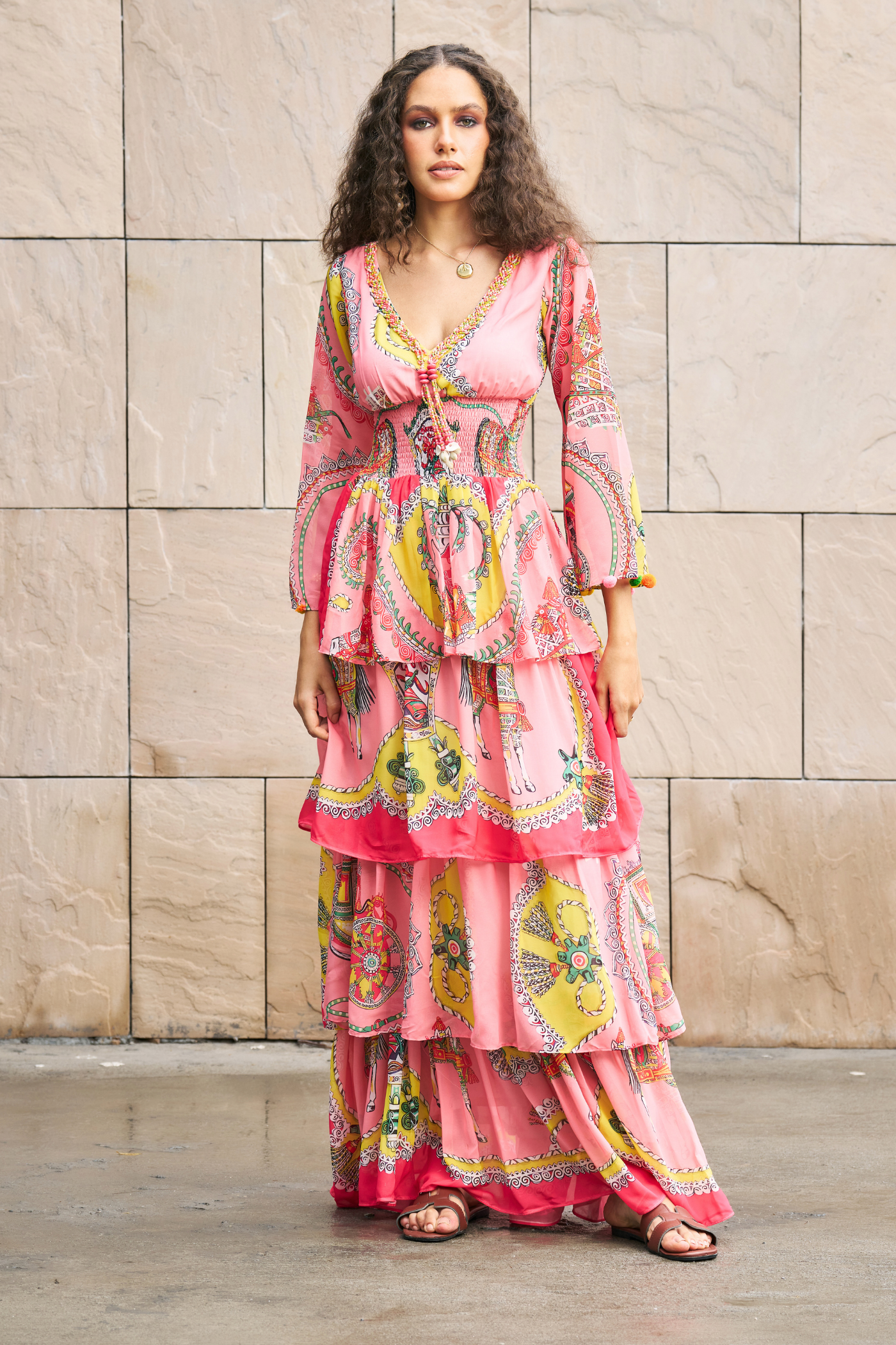 Peach Printed 4 Tier Maxi Dress