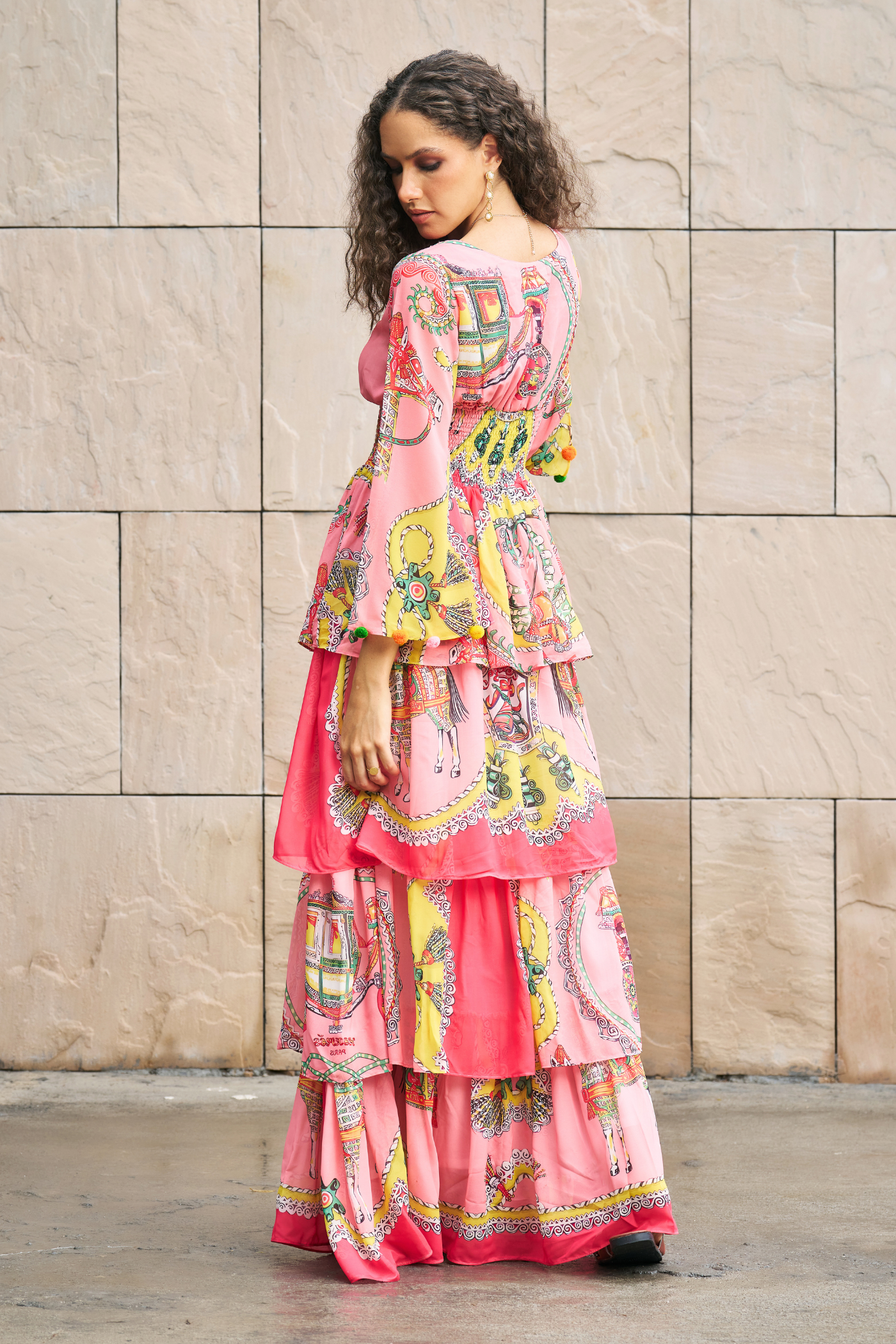 Peach Printed 4 Tier Maxi Dress