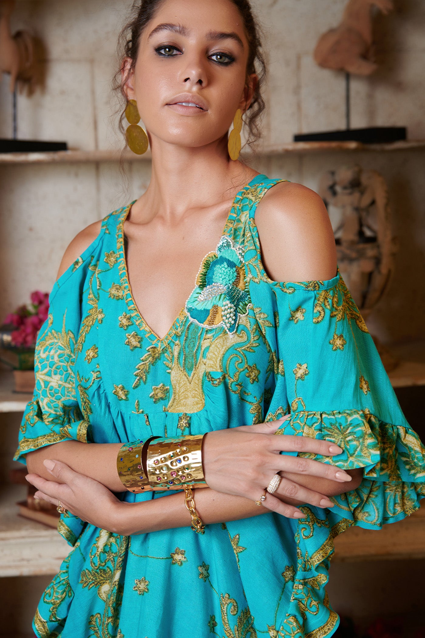 Teal Green Printed Cold Shoulder Mini Kaftan