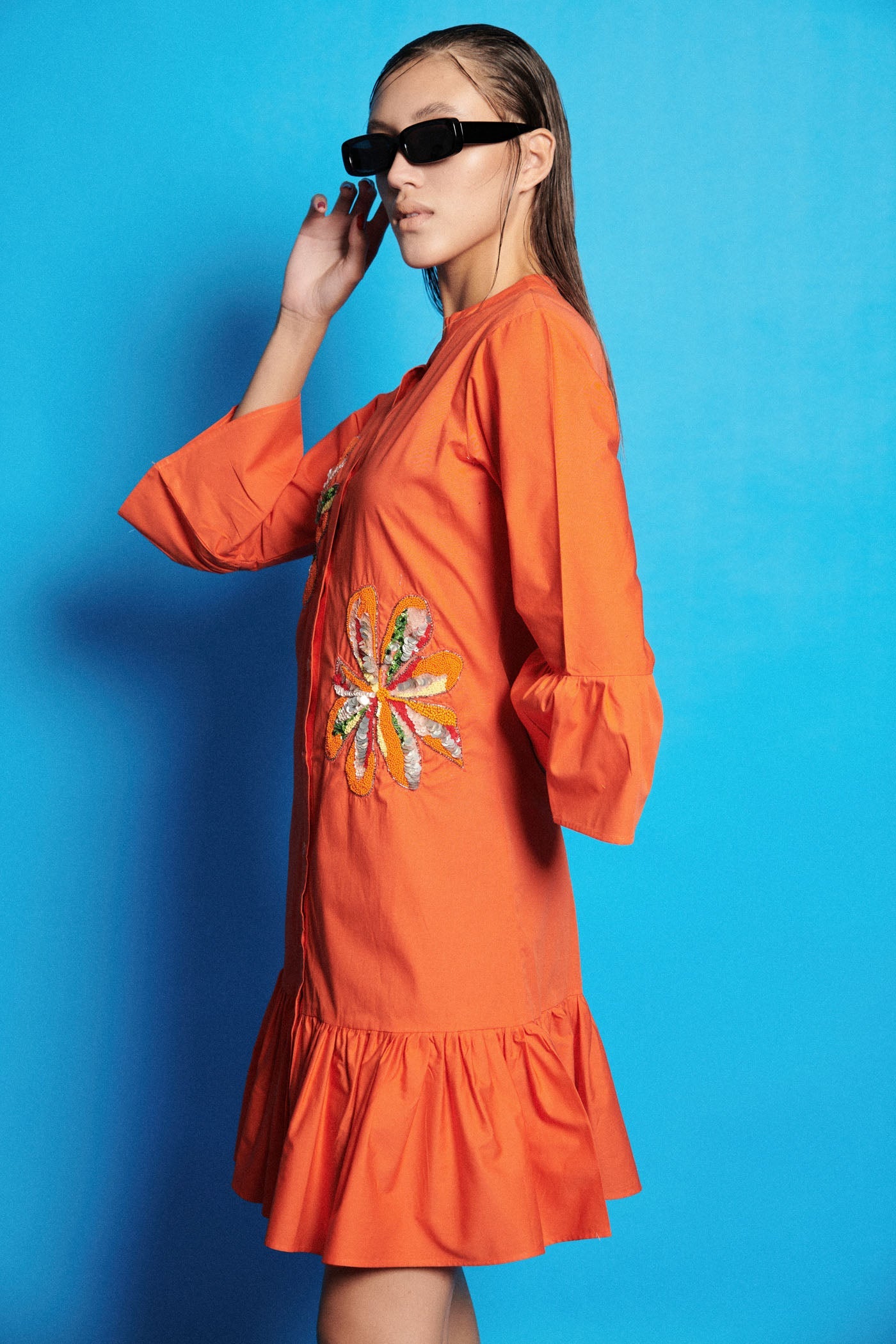 Bell Sleeves Knee Length Embroidered Dress