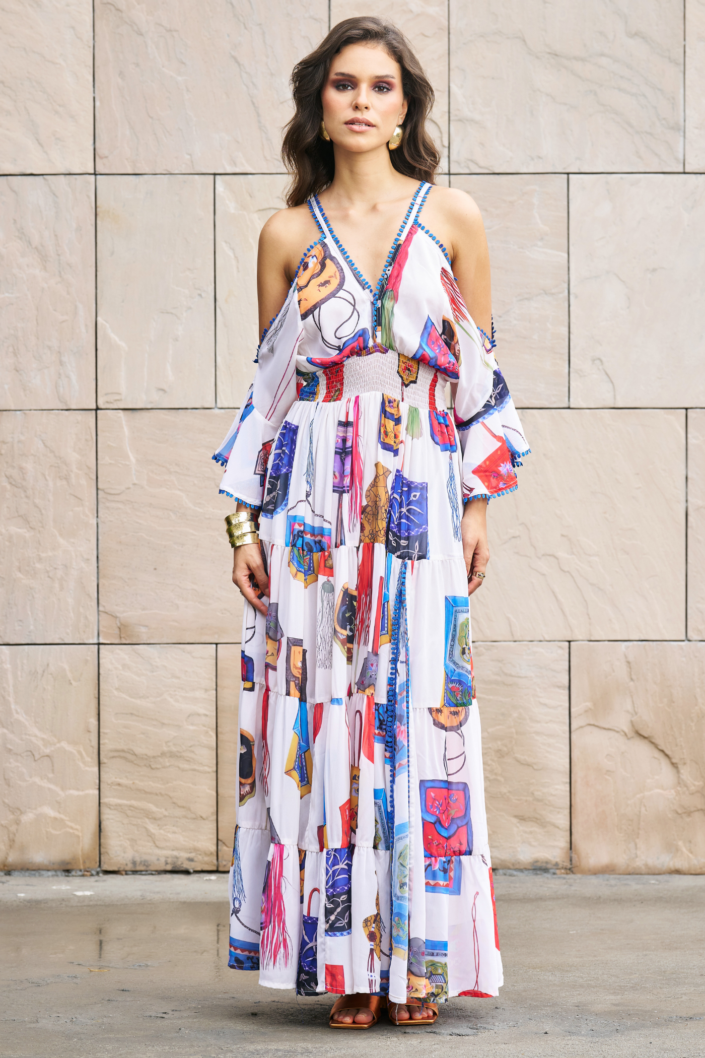 White Printed Cold Shoulder Maxi Dress