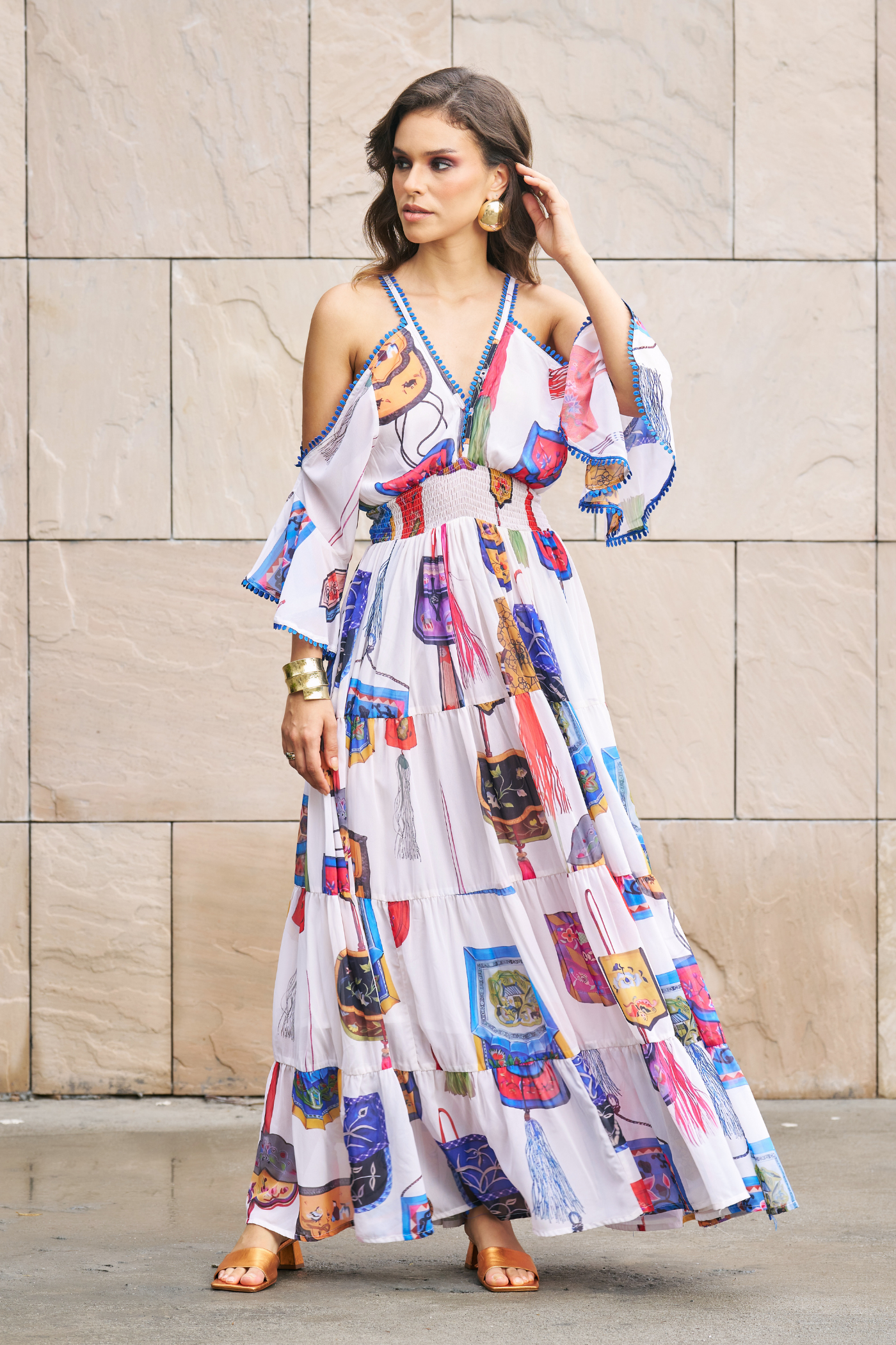 White Printed Cold Shoulder Maxi Dress