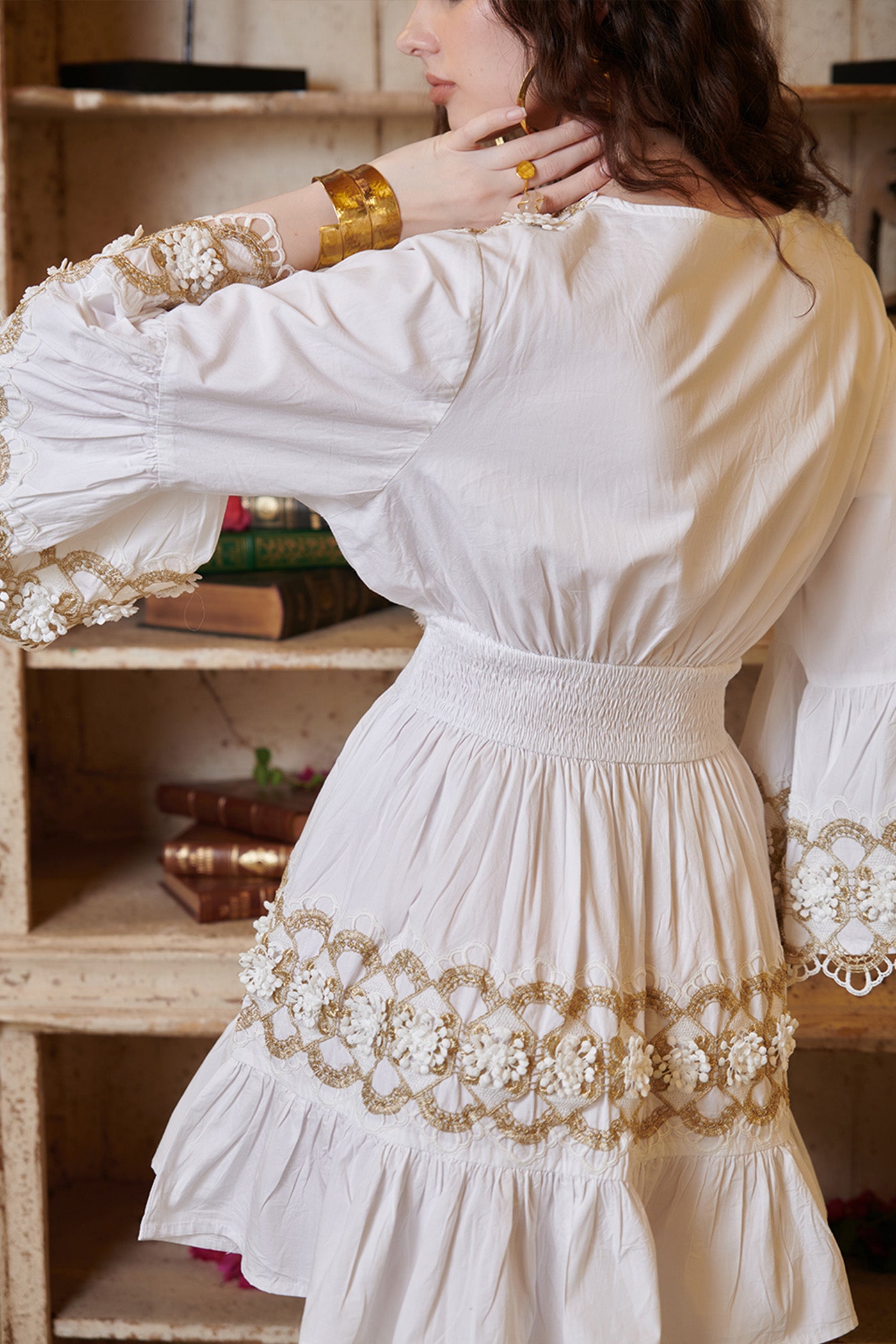 White With Golden Lace Mini V Neck Dress