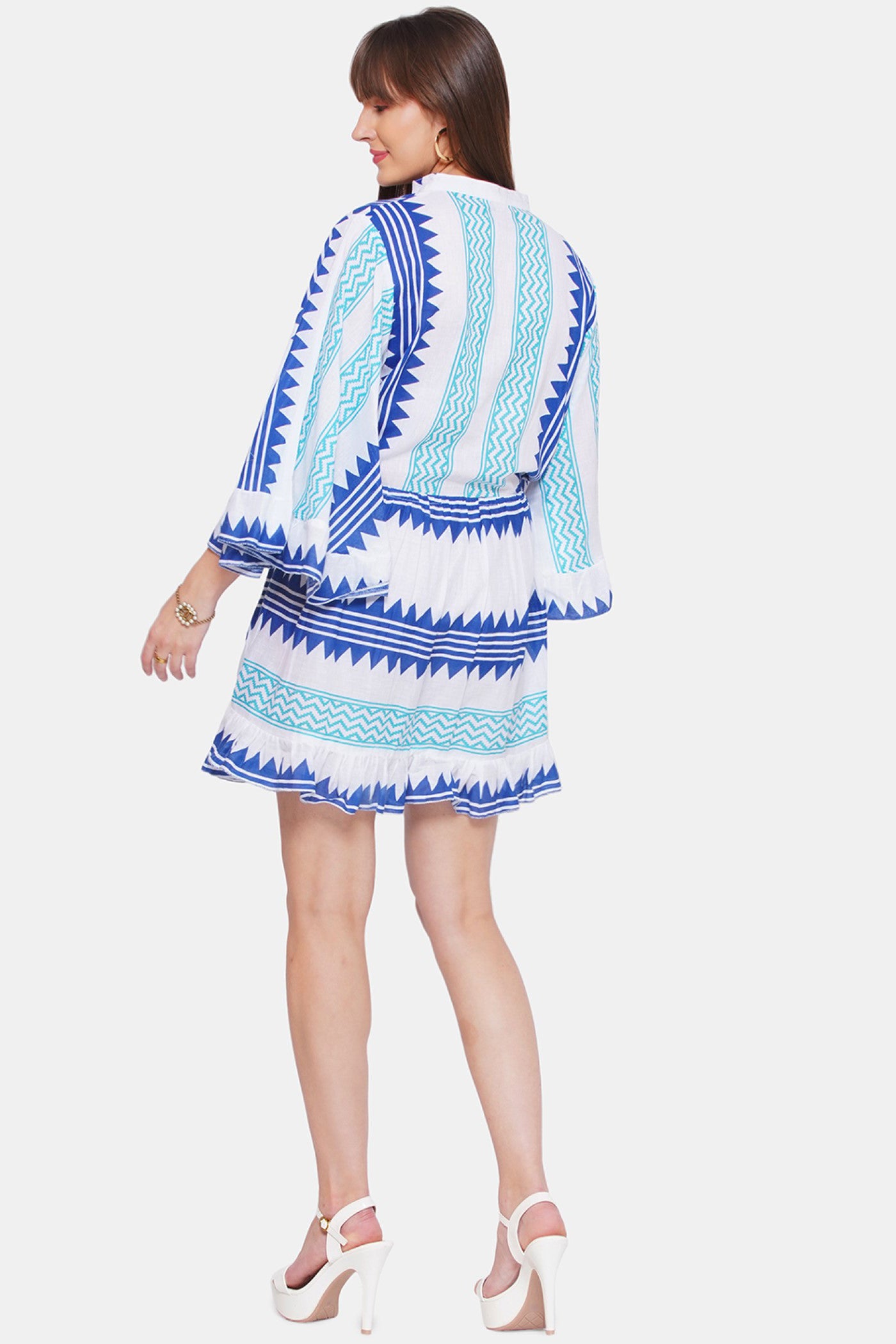 Geometrical Print Short Dress With Bell Sleeves