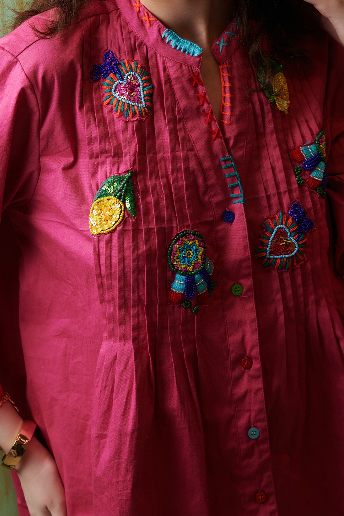 Fuschia Pink Embroidered Shirt Mini Dress