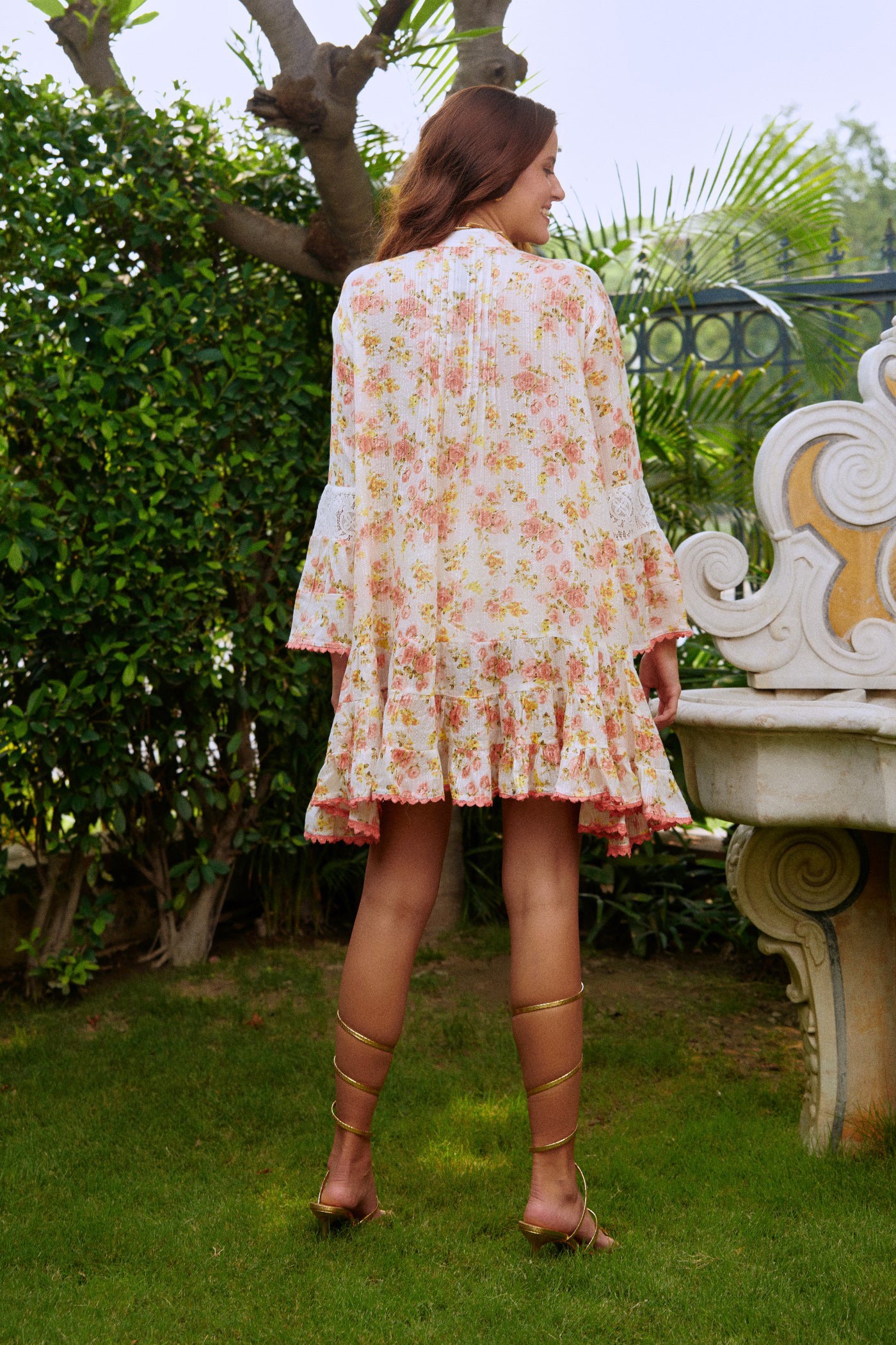 floral print embroided short dress