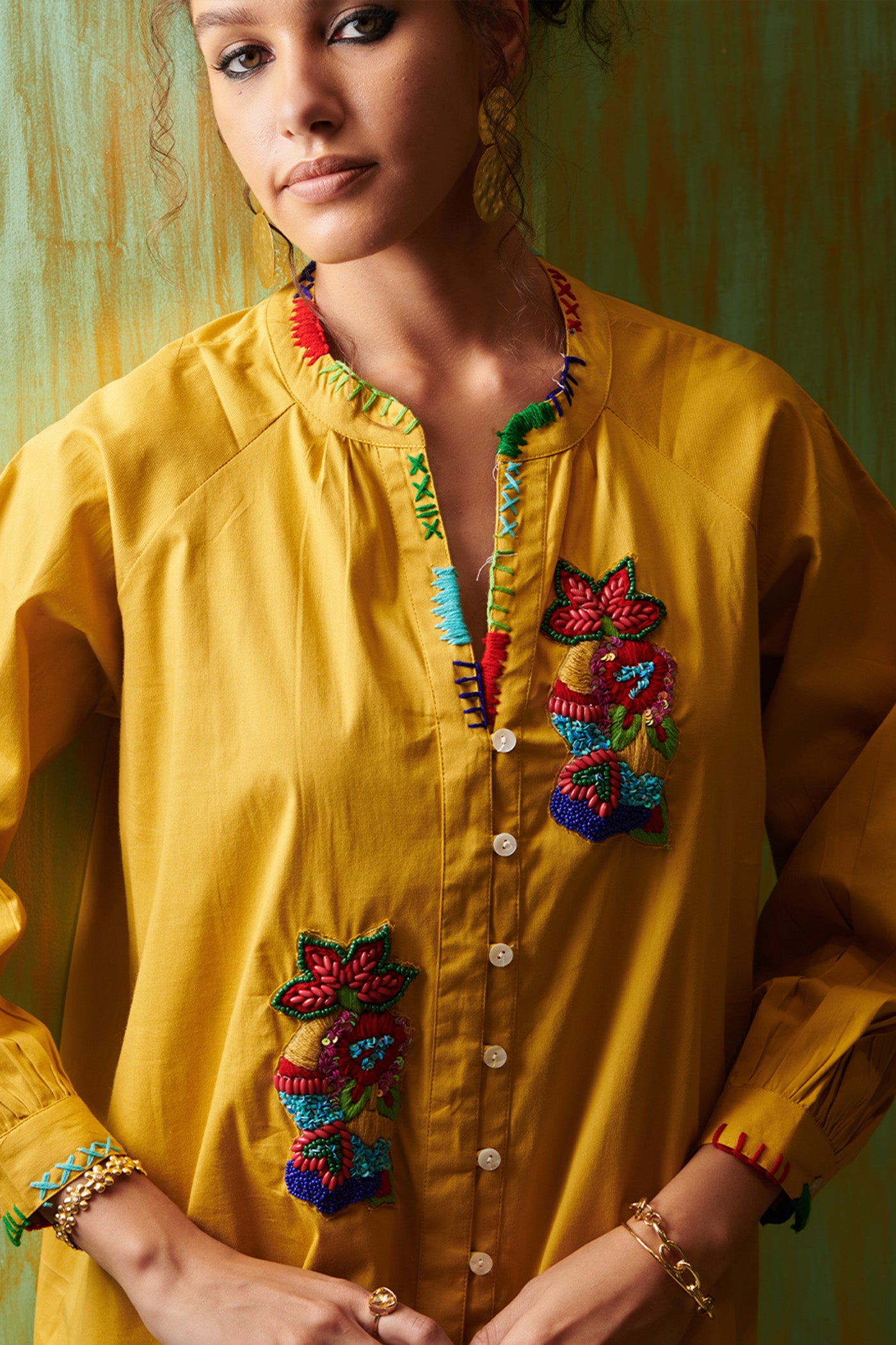 Poplin Mustard Embroidered Shirt Dress