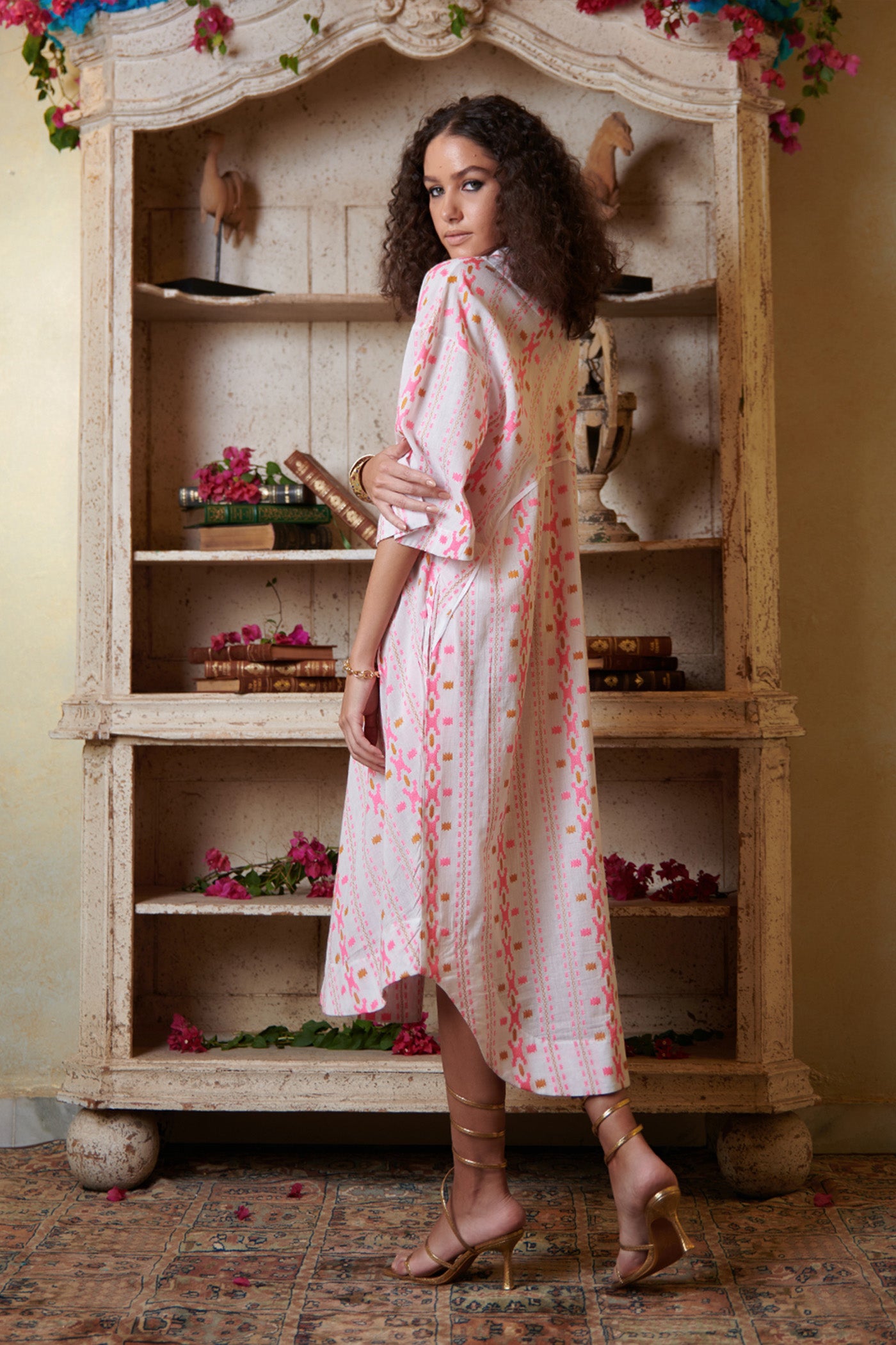 Printed Pink And White Assymetrical Shirt Midi Dress