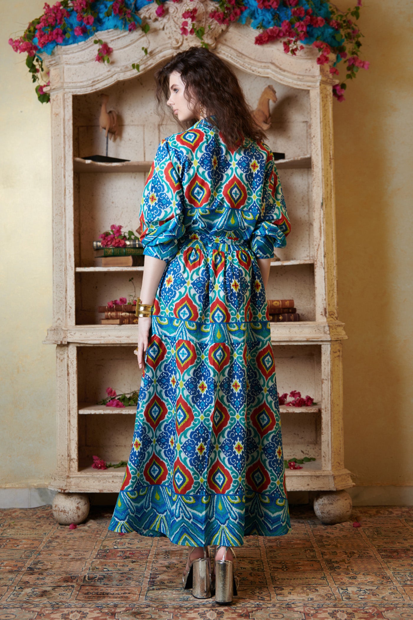 Multicolor Printed Maxi Shirt Flare Dress