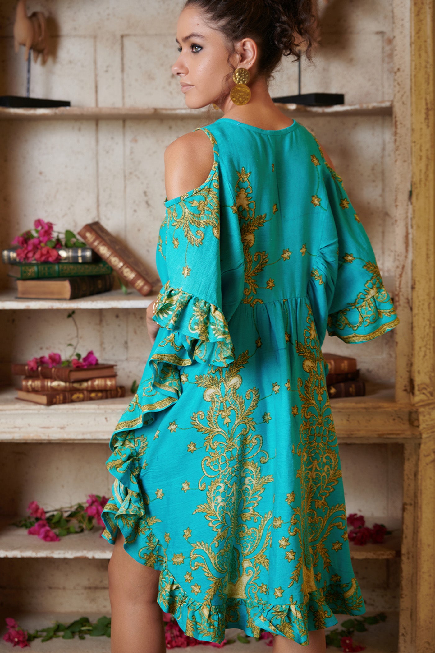 Teal Green Printed Cold Shoulder Mini Kaftan