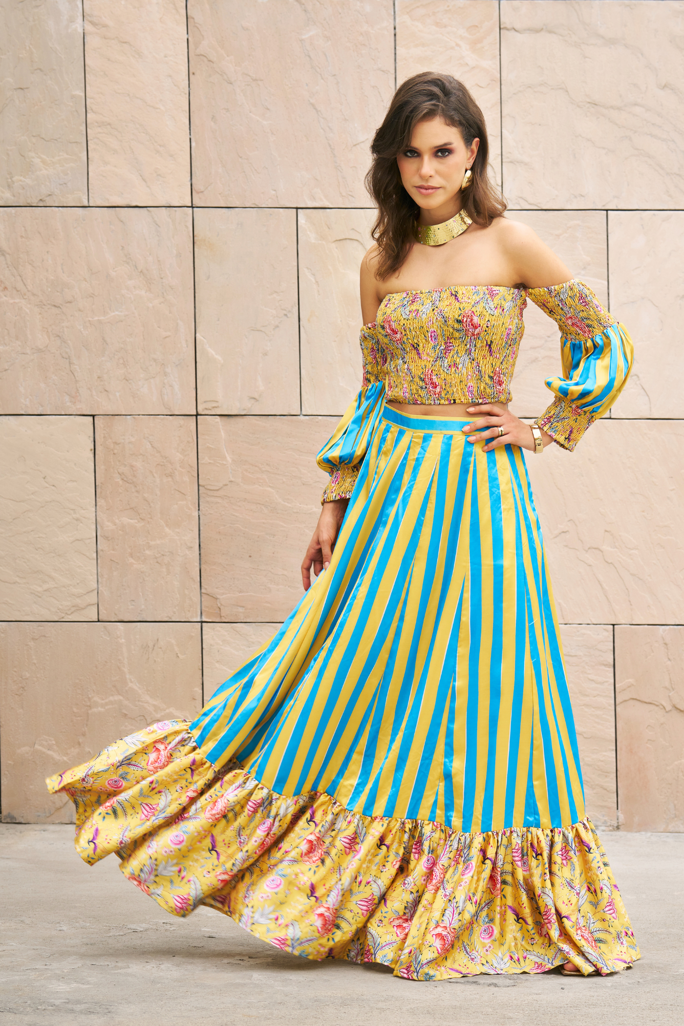 Yellow Printed Floral Off Shoulder Crop Top With Stripe Maxi Skirt