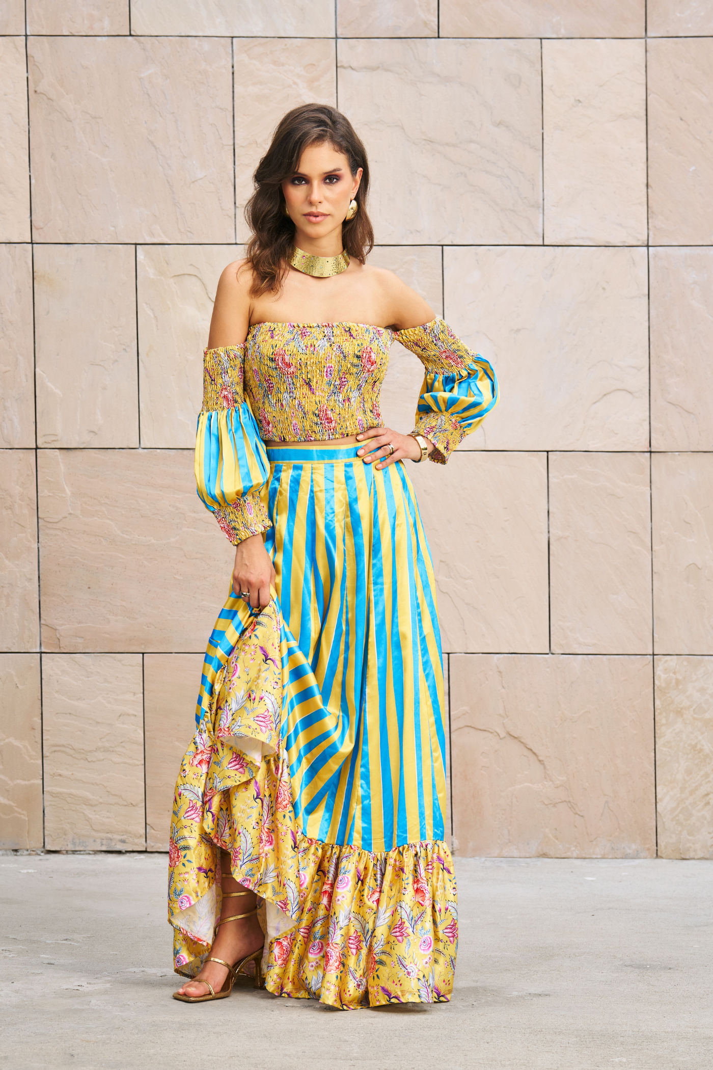 Yellow Printed Floral Off Shoulder Crop Top With Stripe Maxi Skirt