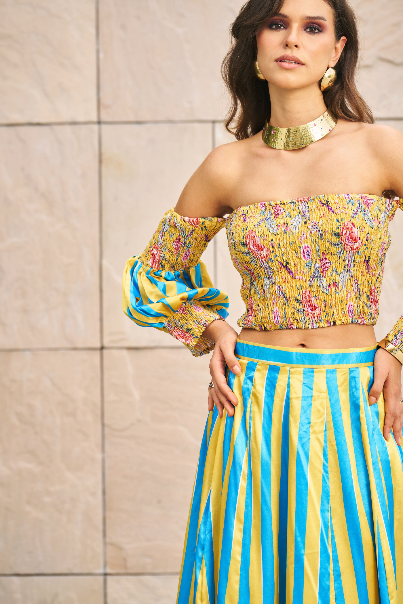 Yellow Printed Floral Off Shoulder Crop Top With Stripe Maxi Skirt