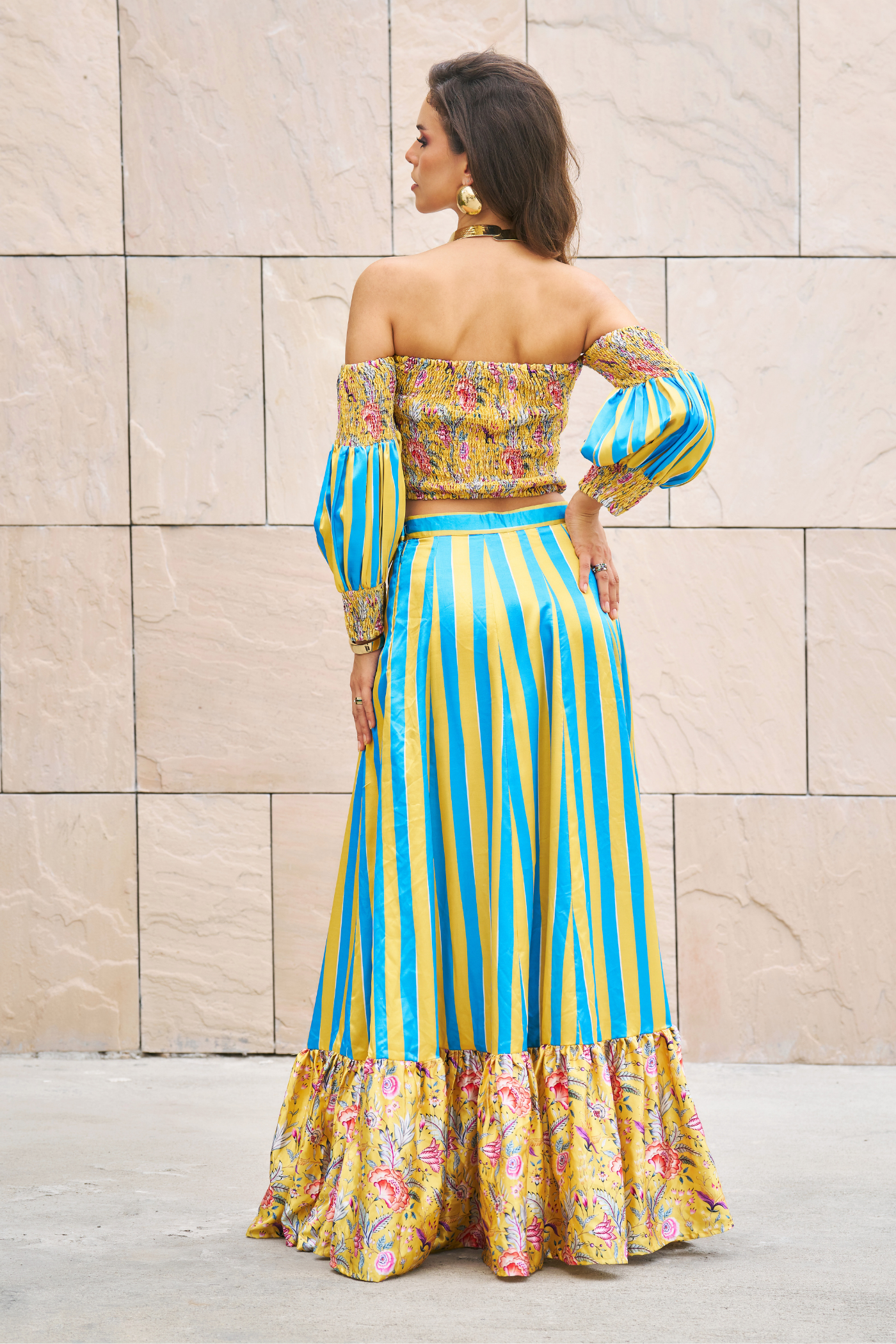 Yellow Printed Floral Off Shoulder Crop Top With Stripe Maxi Skirt