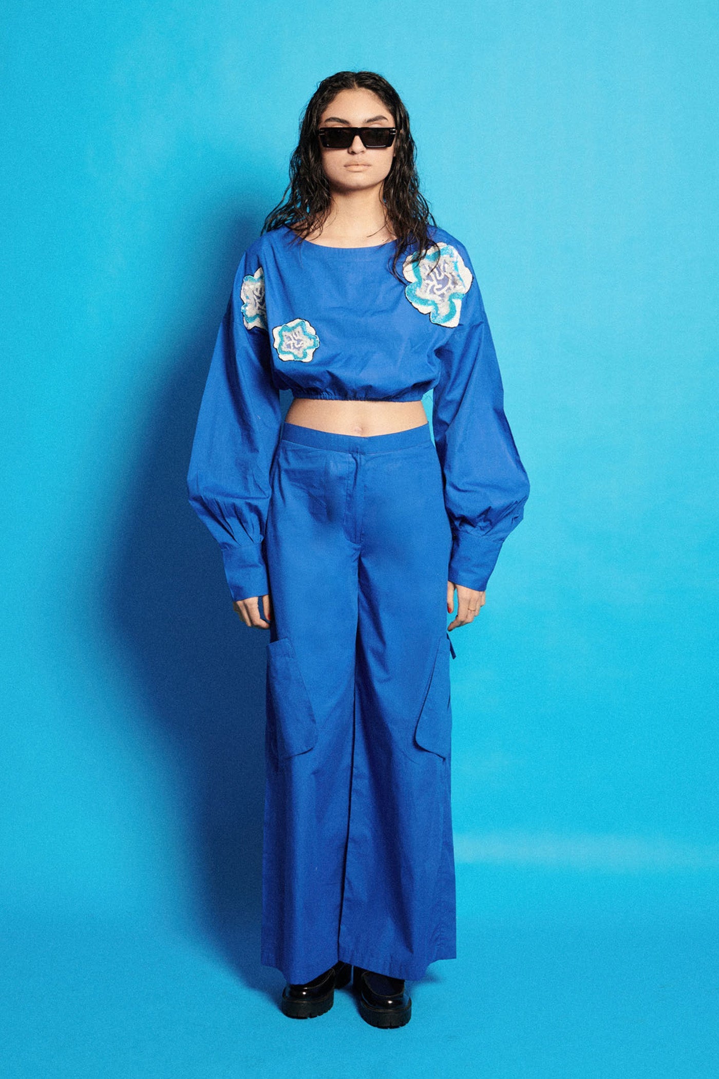 Poplin Crop Top With Pants Embroidered Set
