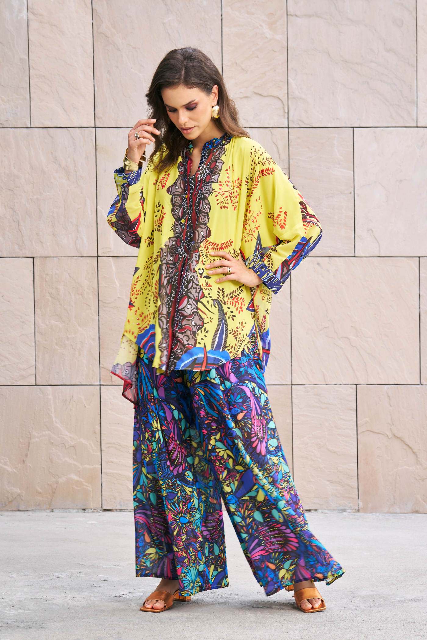 Printed Long Top With Wide Leg Pants