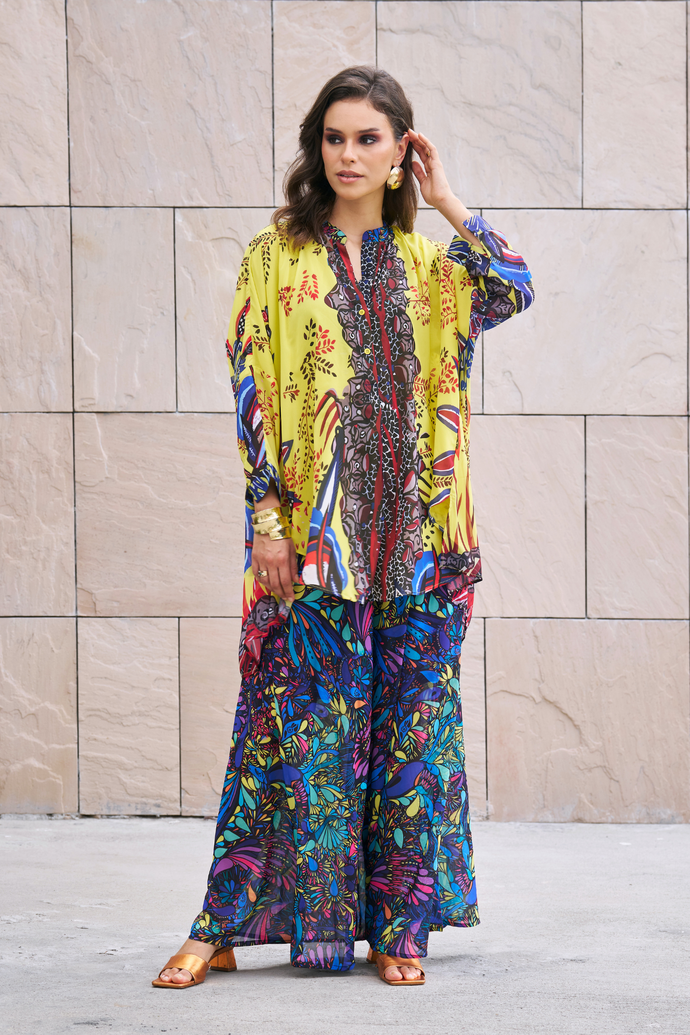 Printed Long Top With Wide Leg Pants