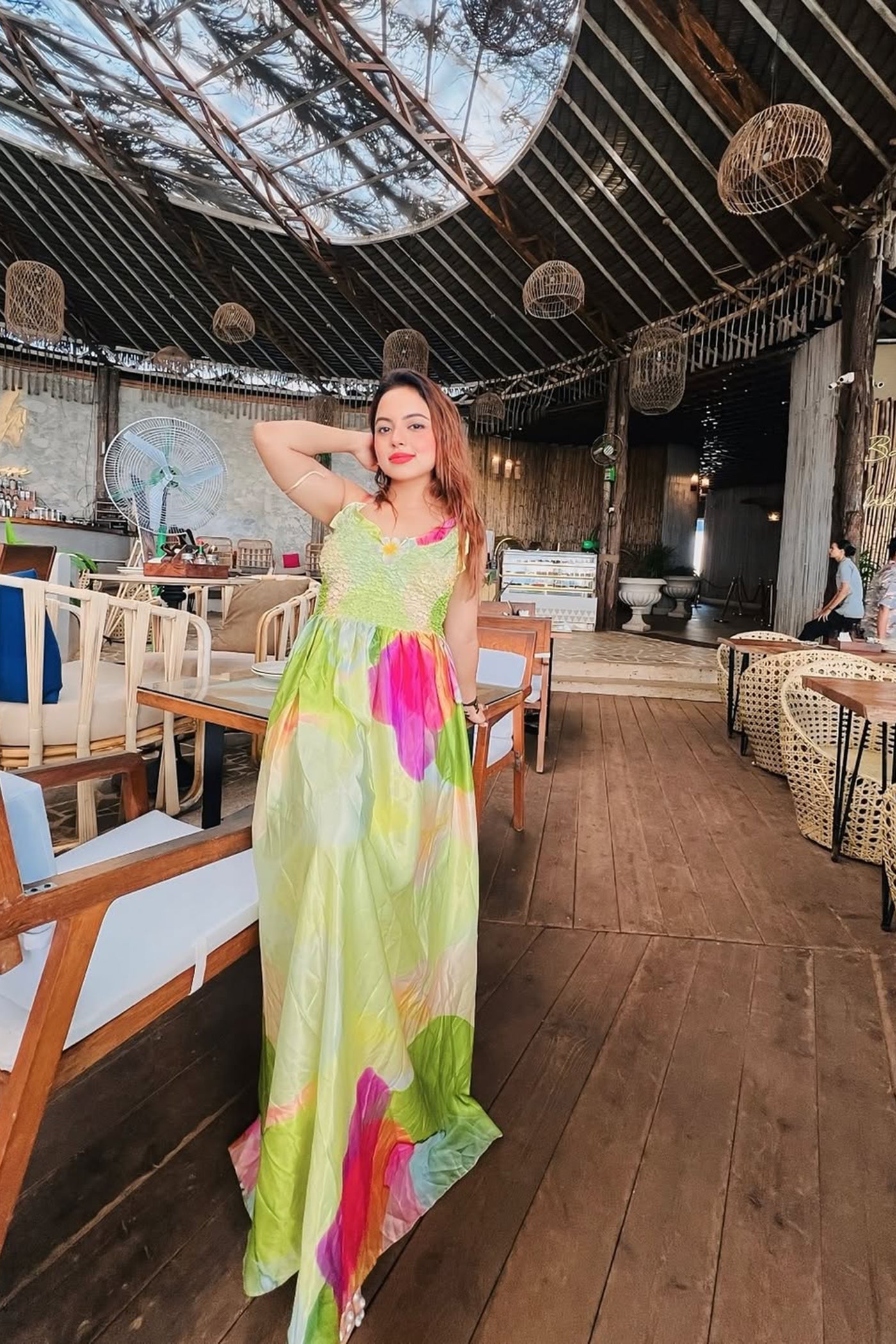 Ayesha Malik In Green Printed Satin Smock Long Dress