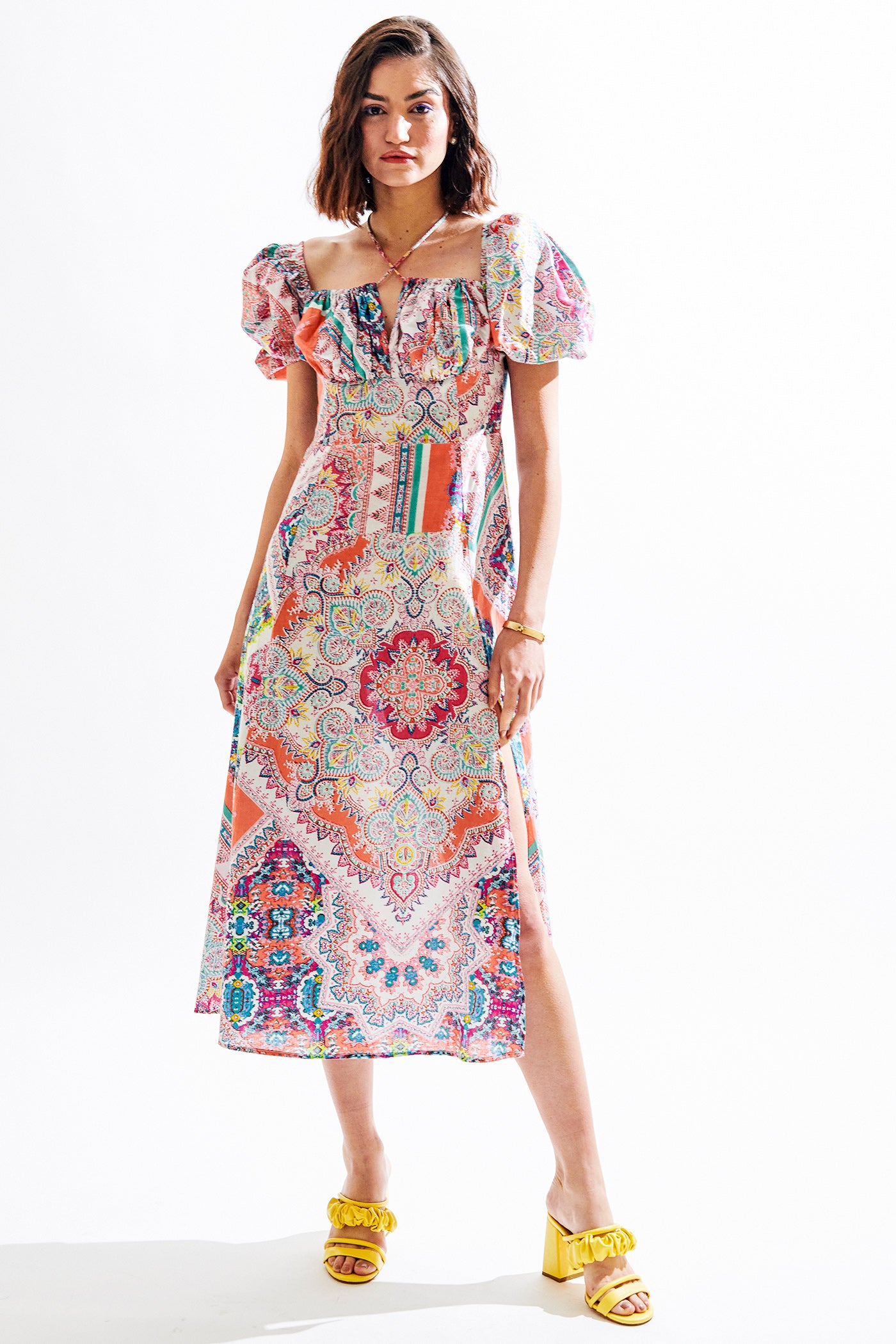 multicoloured midi slit dress