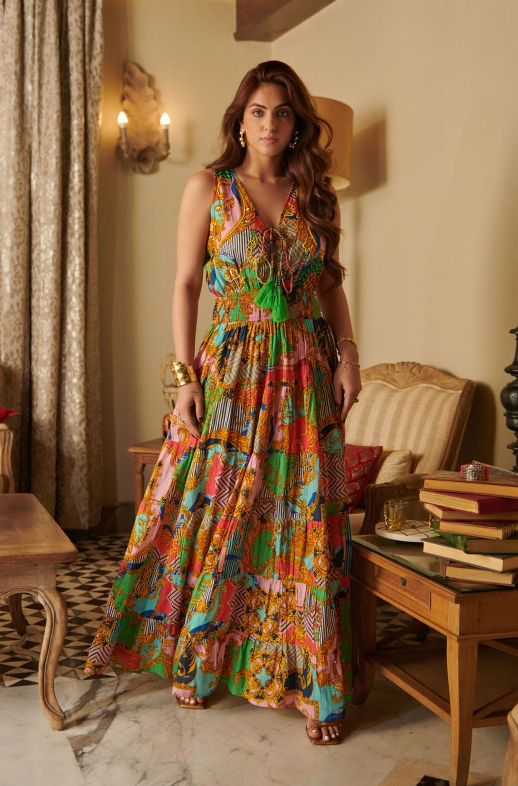 Multicolor printed sleevless long tier dress