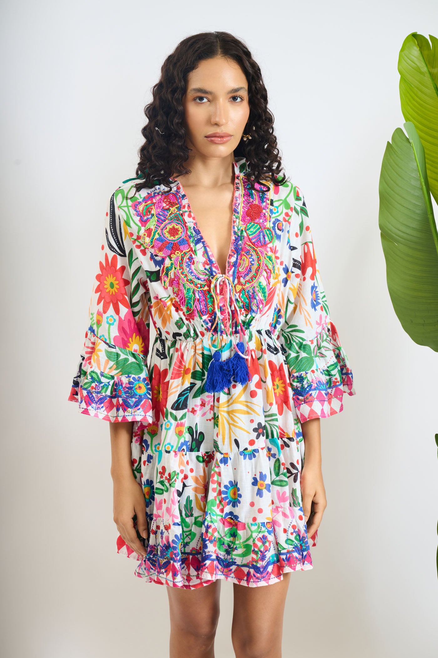 Multicolour V Neck Mini Dress