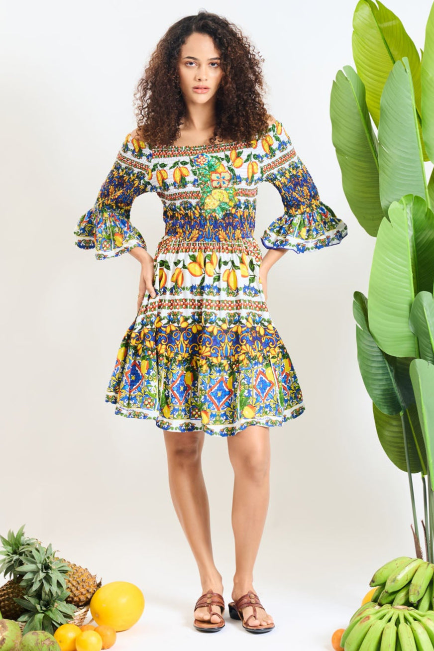 Lemon Tile Smocked Off-Shoulder Mini Dress