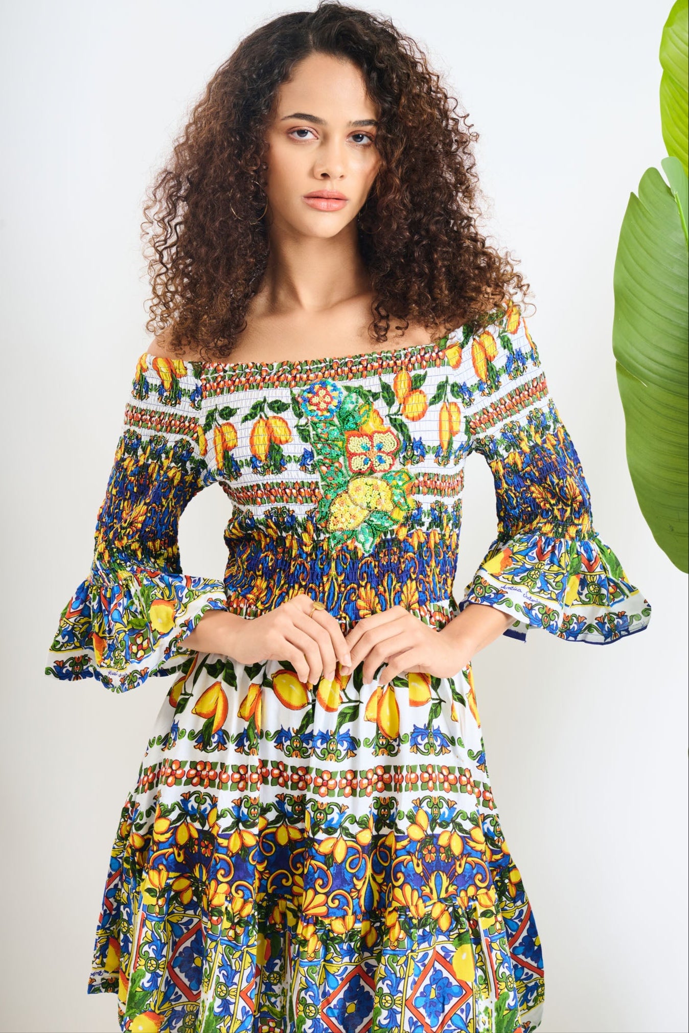 Lemon Tile Smocked Off-Shoulder Mini Dress