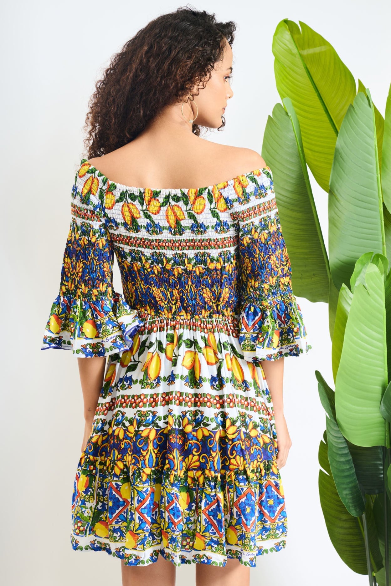 Lemon Tile Smocked Off-Shoulder Mini Dress