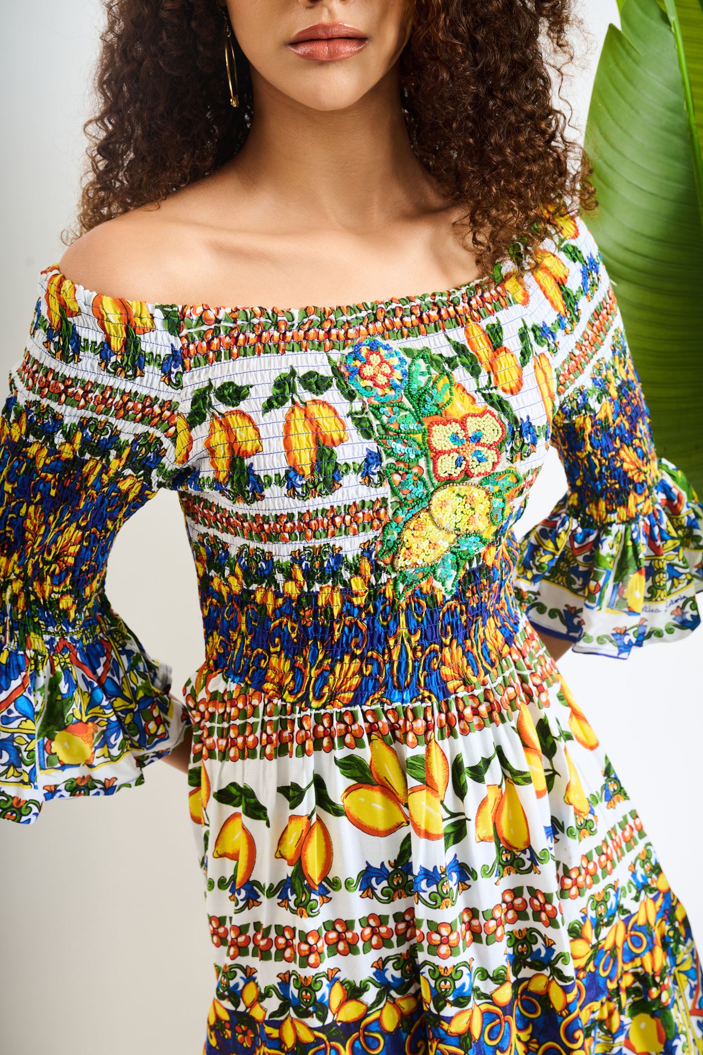 Lemon Tile Smocked Off-Shoulder Mini Dress