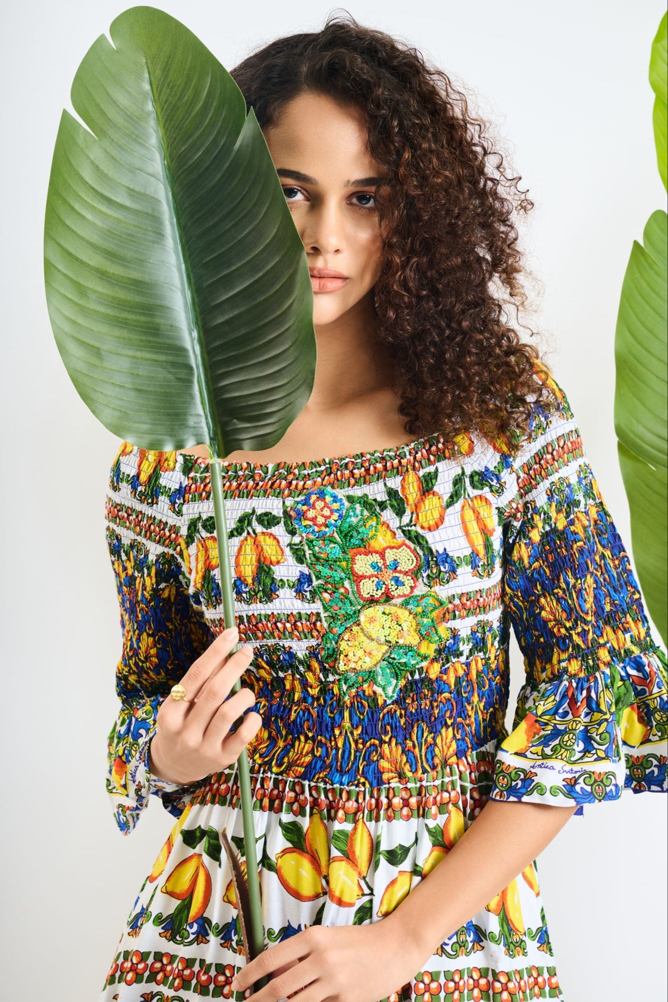 Lemon Tile Smocked Off-Shoulder Mini Dress