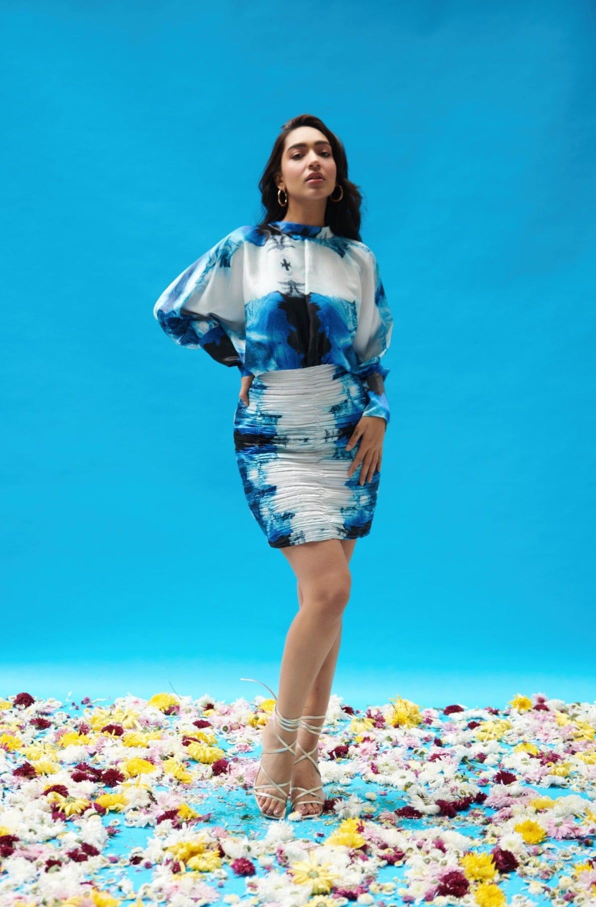 Blue Wave Printed Pleated Mini Dress