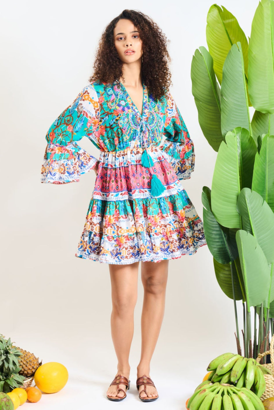 Floral Tassel Tie-Up Mini Dress