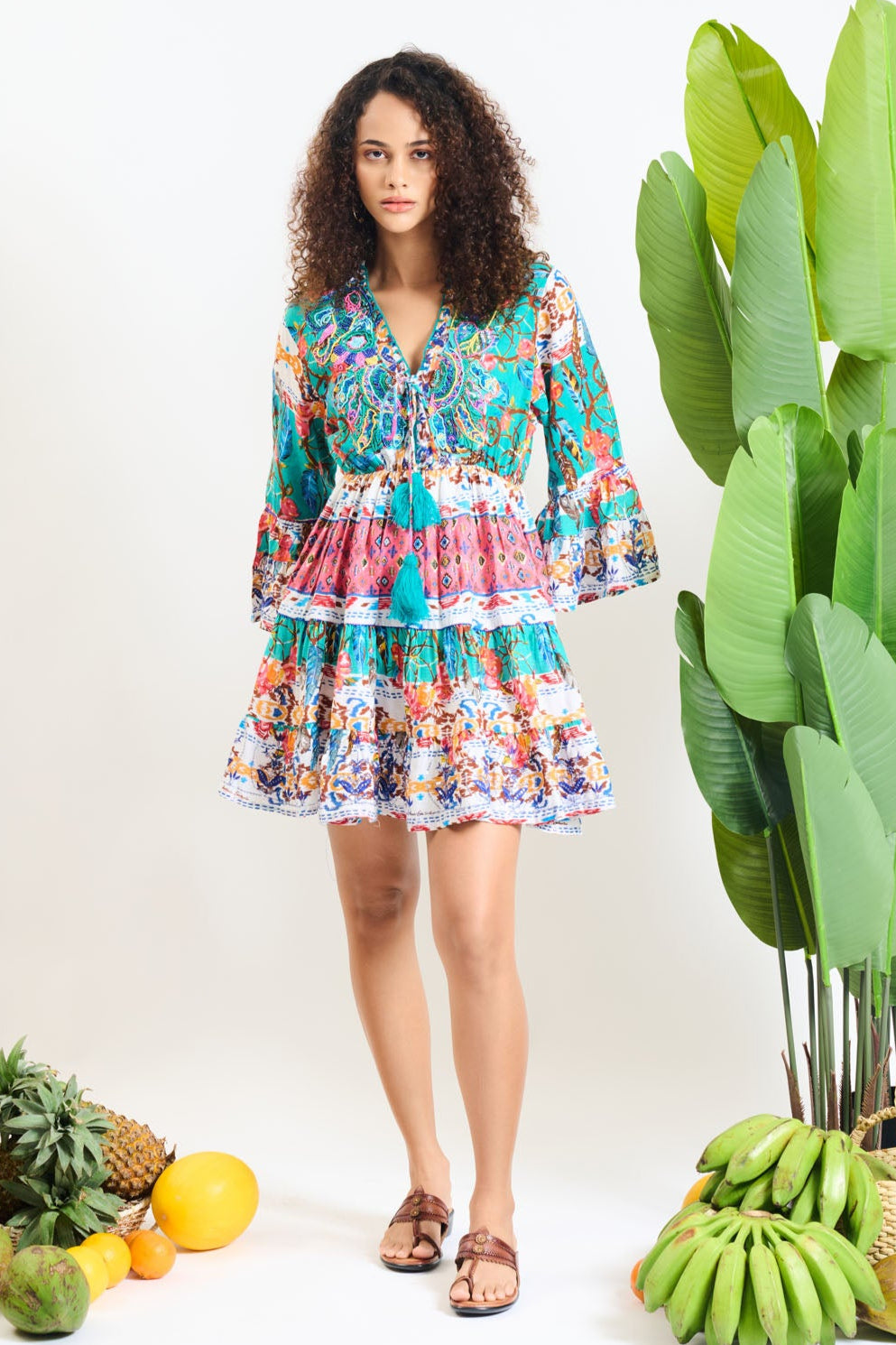 Floral Tassel Tie-Up Mini Dress
