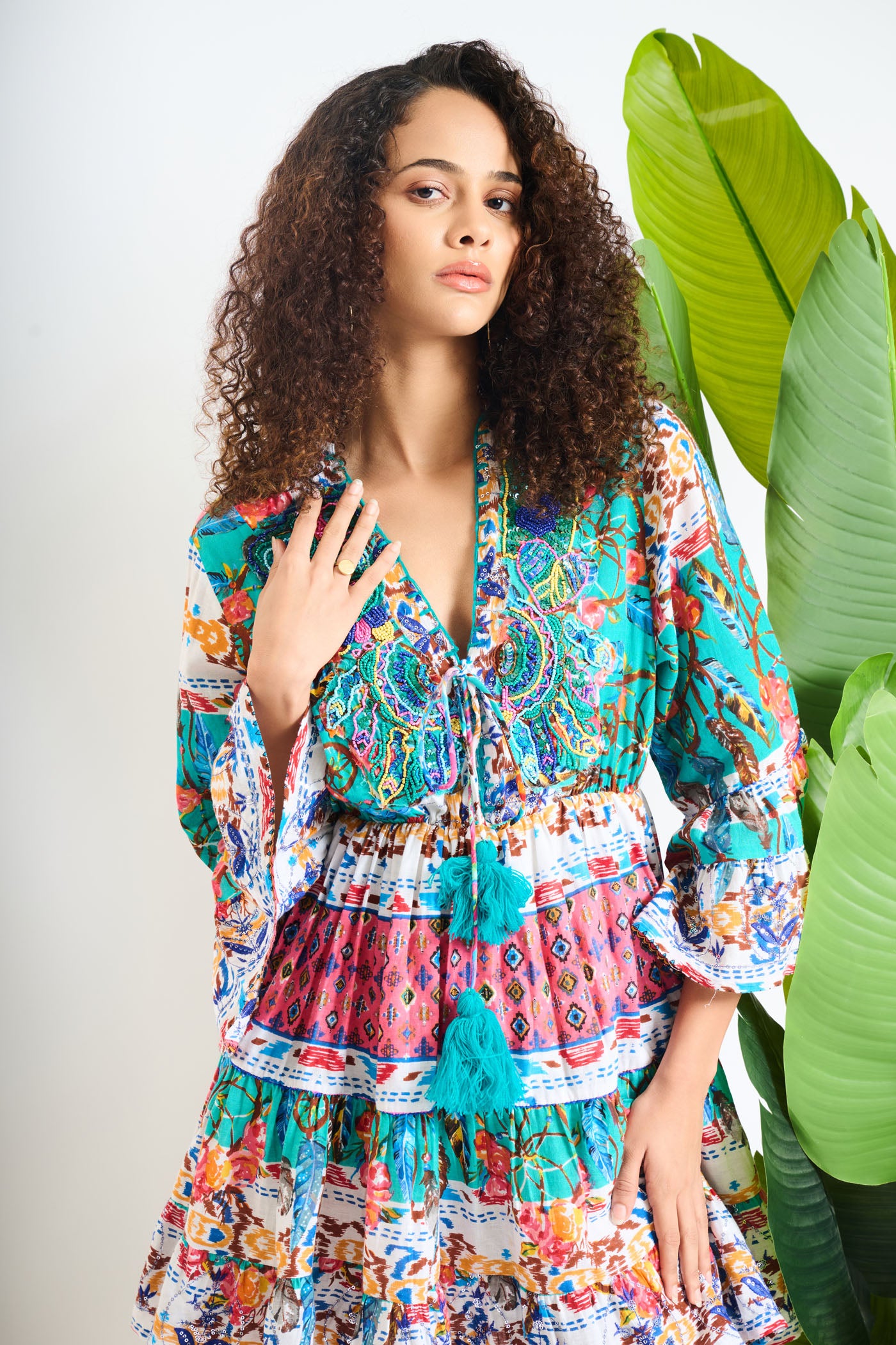 Floral Tassel Tie-Up Mini Dress