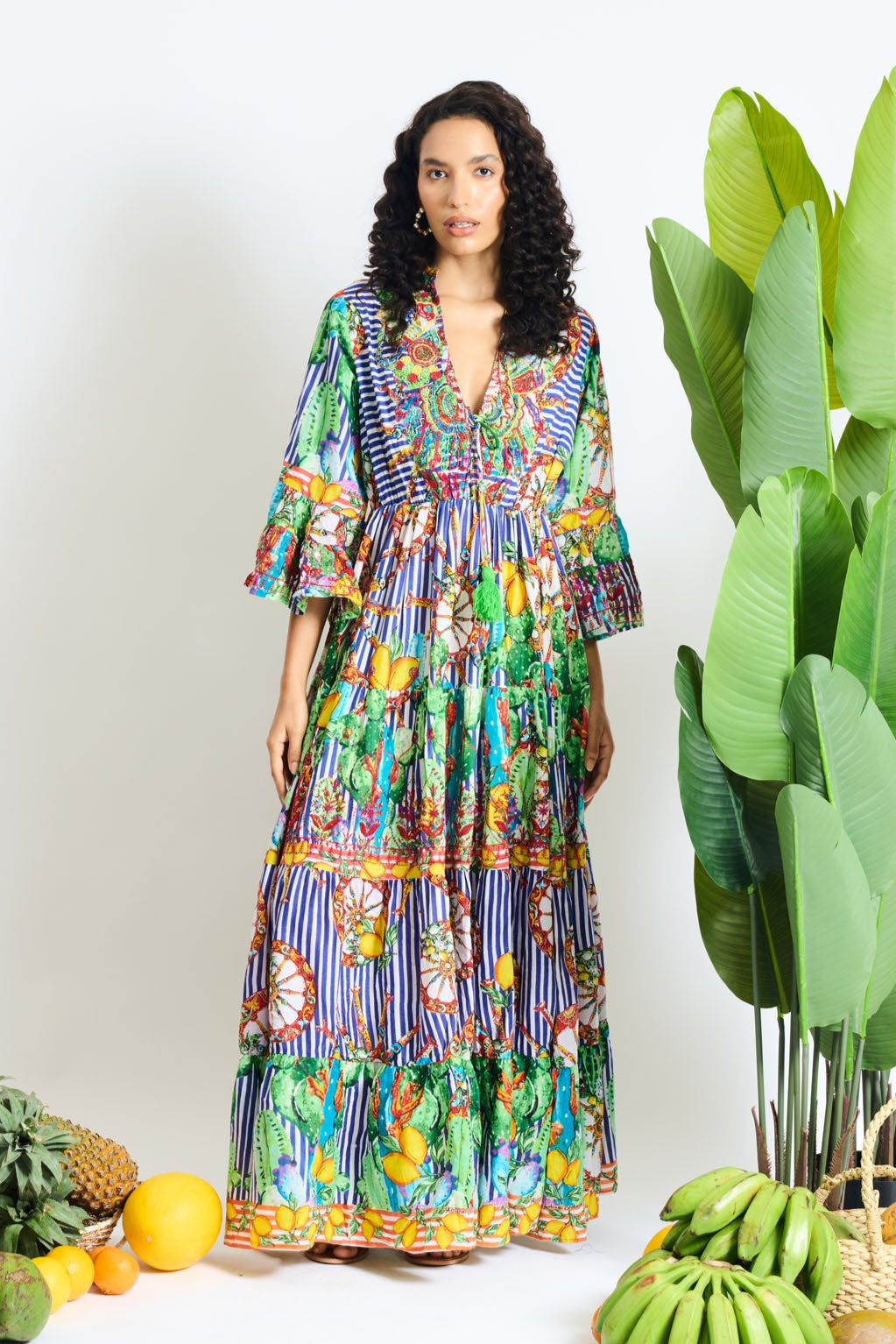 Boho Garden Matelassé Bell-Sleeve Maxi Dress