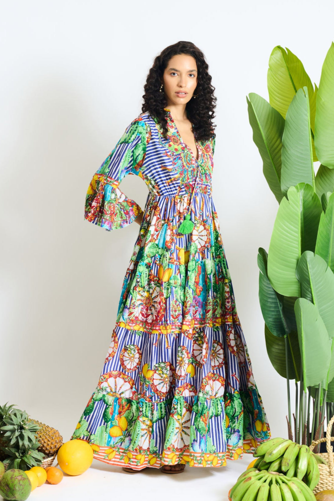 Boho Garden Matelassé Bell-Sleeve Maxi Dress