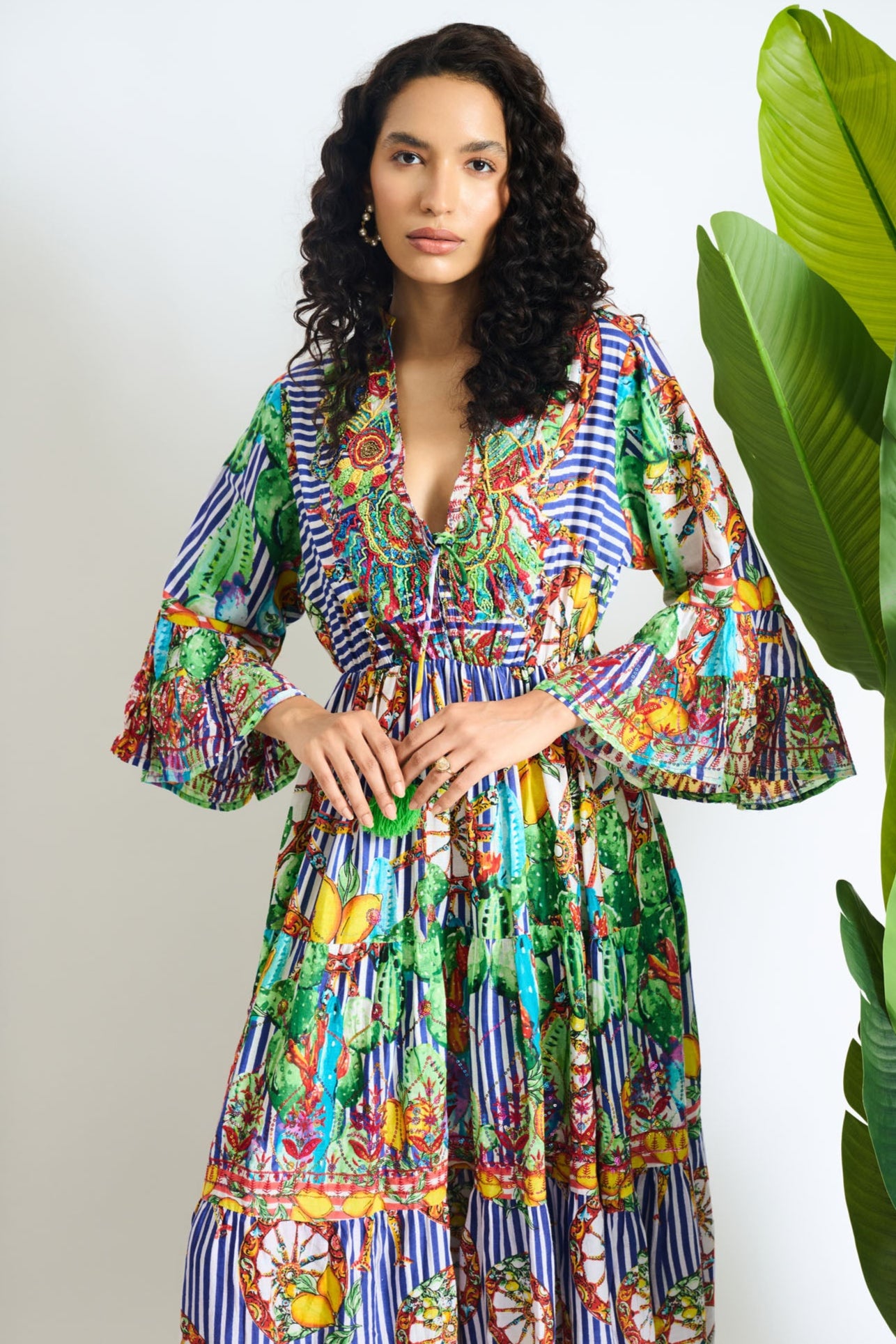 Boho Garden Matelassé Bell-Sleeve Maxi Dress