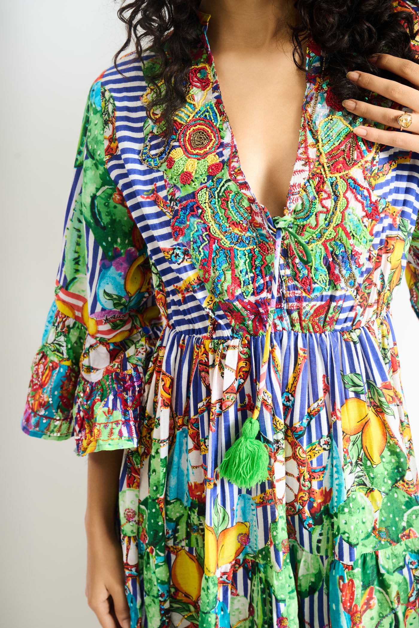 Boho Garden Matelassé Bell-Sleeve Maxi Dress