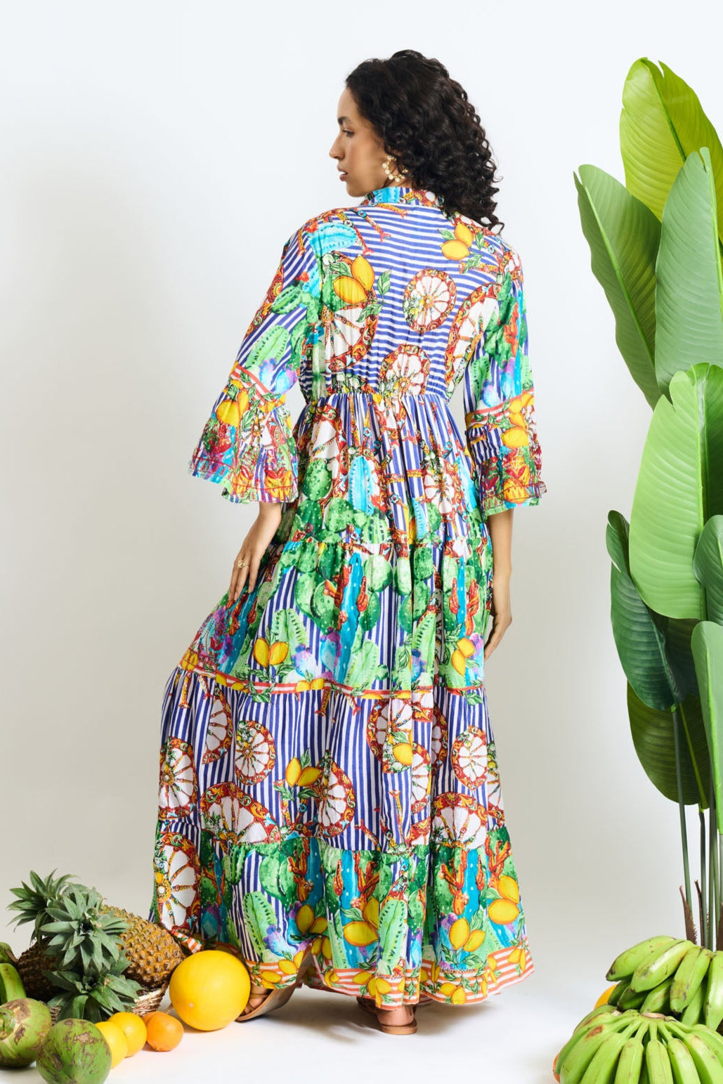 Boho Garden Matelassé Bell-Sleeve Maxi Dress