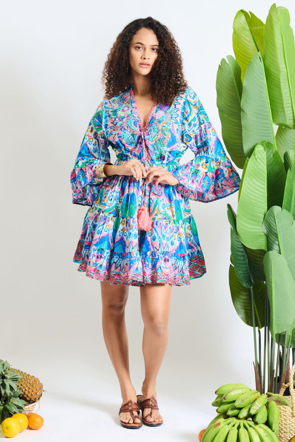 Liliana Floral Embroidered Tassel Tie Mini Dress